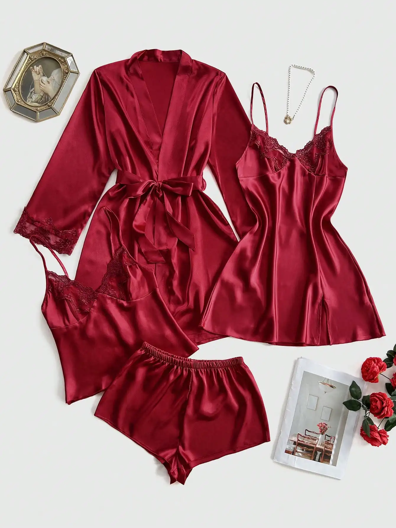 4-Piece Red Satin Pajama Set with Lace Camisole, Shorts & Belted Robe for Fall Winter
4-Piece Red Satin Pajama Set with Lace Camisole, Shorts & Belted Robe for Fall Winter
