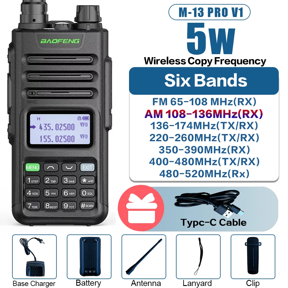 BaoFeng M-13 PRO V1 V2 High Power Multi Band Walkie Talkie Type-C Charger Long Range Upgraded UV-13 PRO V1 V2 Ham Two Way Radio
BaoFeng M-13 PRO V1 V2 High Power Multi Band Walkie Talkie Type-C Charger Long Range Upgraded UV-13 PRO V1 V2 Ham Two Way Radio