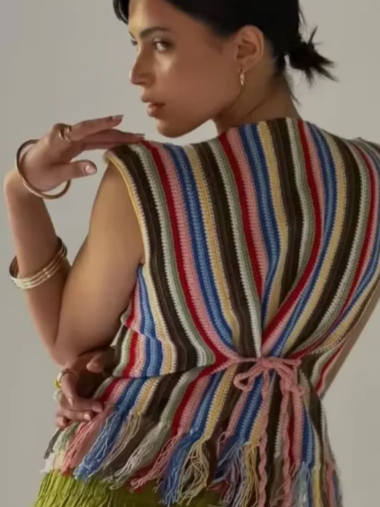 2026 Casual Woman Striped Crochet Knit Top Fashion Colorful Boat Neck Cap Sleeve Fringe Hem Blouses 2026 Street Holiday Shirts
2026 Casual Woman Striped Crochet Knit Top Fashion Colorful Boat Neck Cap Sleeve Fringe Hem Blouses 2026 Street Holiday Shirts