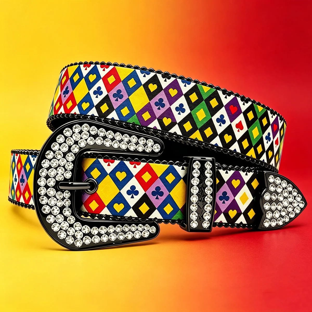 Vintage Diamond-Shaped Playing Card Pattern Printed Rhinestone Belt, Colorful Playing Card Pattern Belt, Unisex, Adjustable Pin Buckle, Perfect for Jeans, Casual Wear, and Street Fashion, Decorative Accessory for Jeans and Dresses, Versatile Casual Belt f
Vintage Diamond-Shaped Playing Card Pattern Printed Rhinestone Belt, Colorful Playing Card Pattern Belt, Unisex, Adjustable Pin Buckle, Perfect for Jeans, Casual Wear, and Street Fashion, Decorative Accessory for Jeans and Dresses, Versatile Casual Belt f