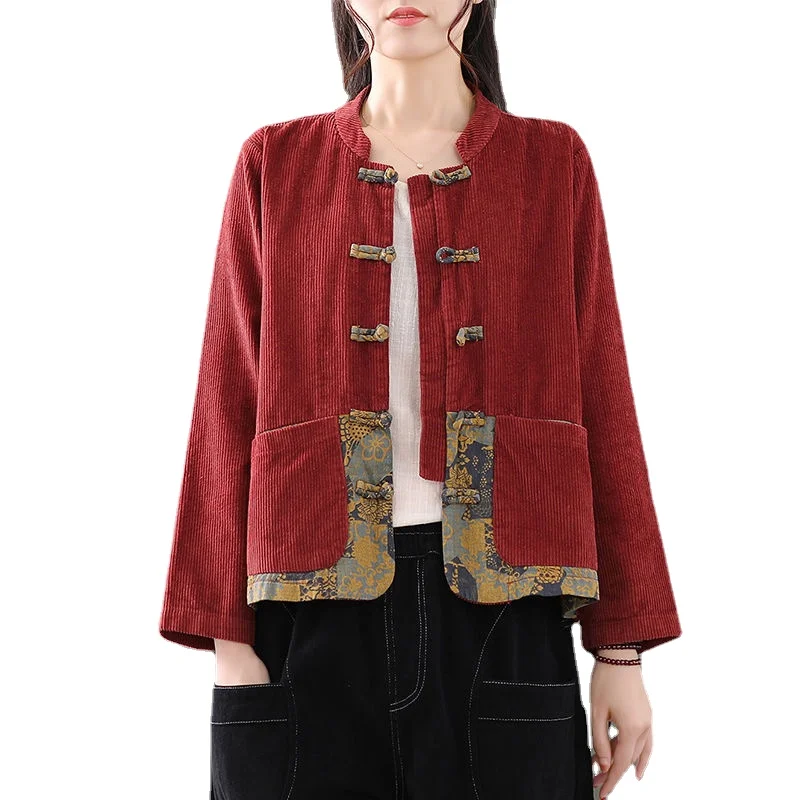 Corduroy jacket women's retro Chinese style disc button tea clothes printing stitching all-match outer wear striped velvet top
Corduroy jacket women's retro Chinese style disc button tea clothes printing stitching all-match outer wear striped velvet top