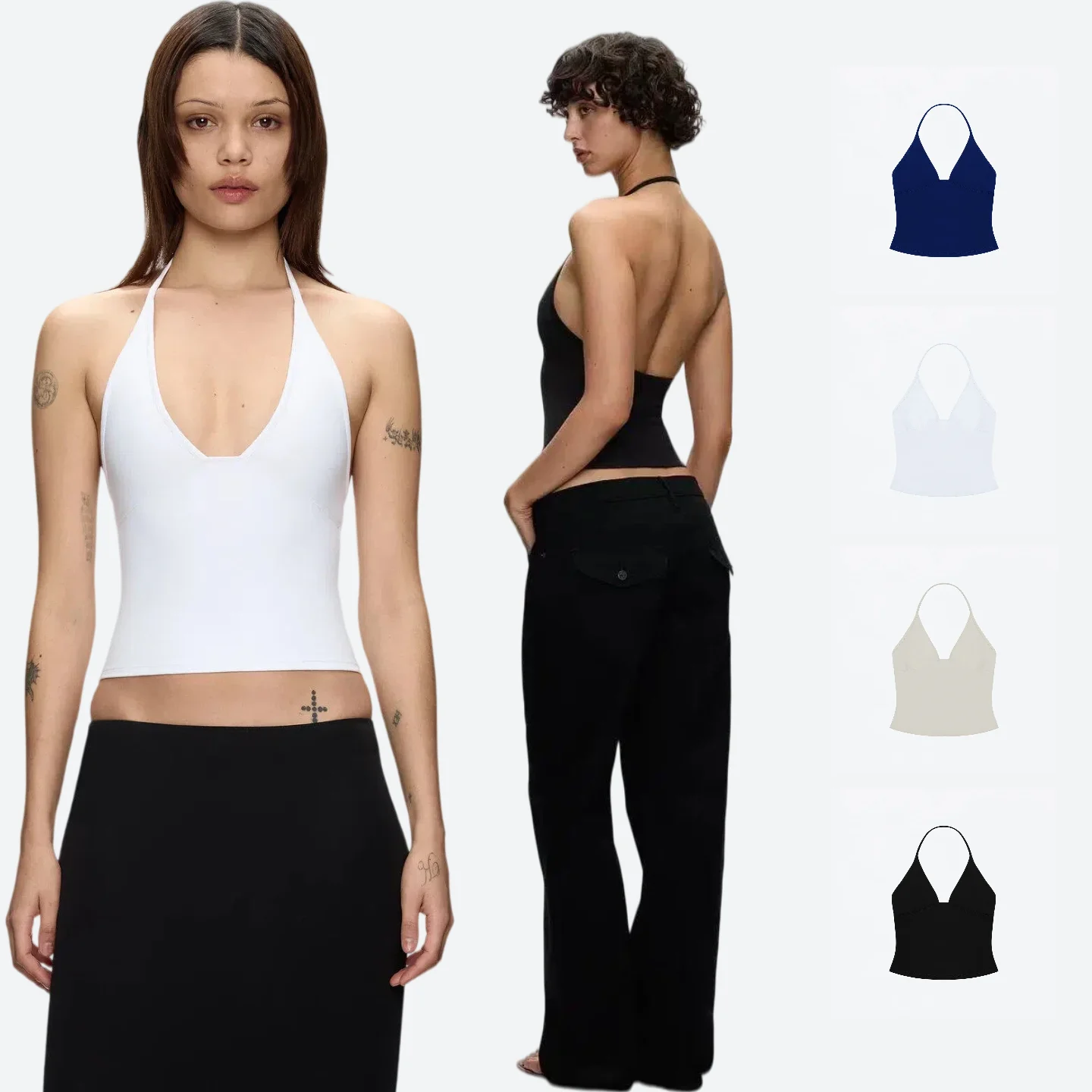 Tank solid color triangle cup halter V-neck backless top with shoulder straps
Tank solid color triangle cup halter V-neck backless top with shoulder straps