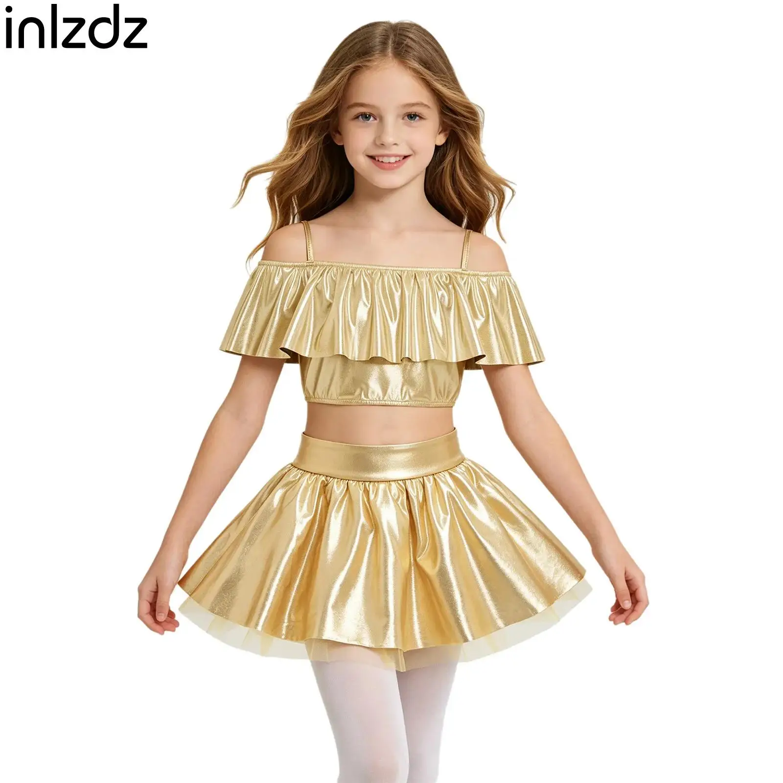 Kids Disco Dance Pageant Party Costume Girls Spaghetti Straps Metallic Ruffles Crop Top with Tutu Skirt Set for Cheerleader Show
Kids Disco Dance Pageant Party Costume Girls Spaghetti Straps Metallic Ruffles Crop Top with Tutu Skirt Set for Cheerleader Show