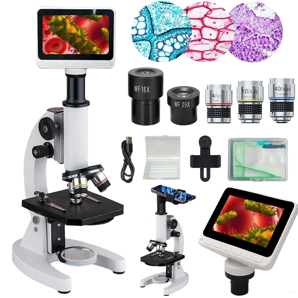 Digital Microscope 40X-1000X with 4 Inch Screen, Photo & Video Recording, LED Light, HD Imaging for Kids Students School Lab