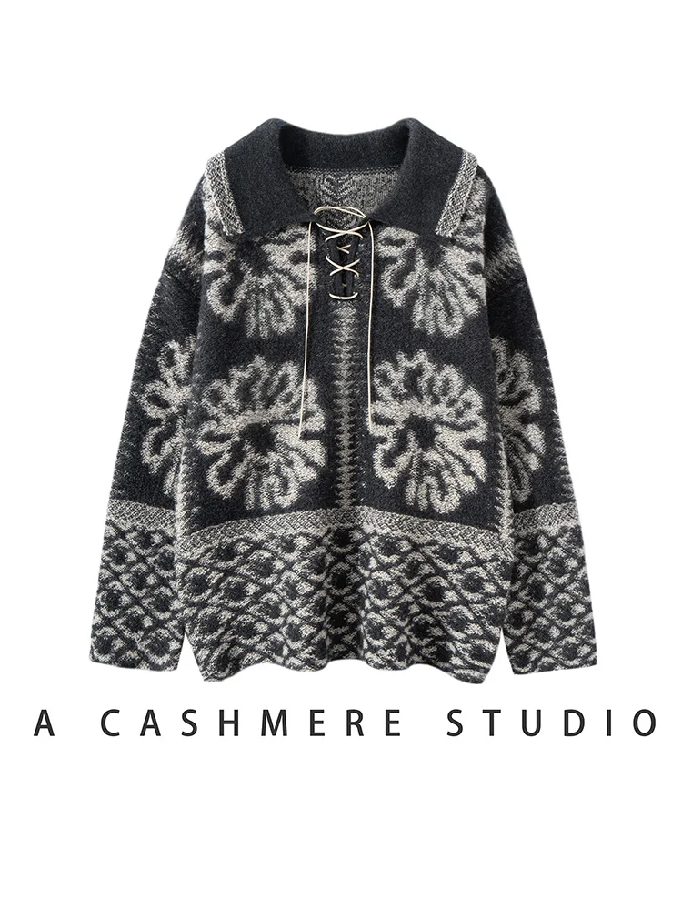 Women's 100% Cashmere Sweater French Retro Tie Turn-Down Collar Fair Isle Pullover Autumn Winter Towel Embroidery Cashmere Tops
Women's 100% Cashmere Sweater French Retro Tie Turn-Down Collar Fair Isle Pullover Autumn Winter Towel Embroidery Cashmere Tops