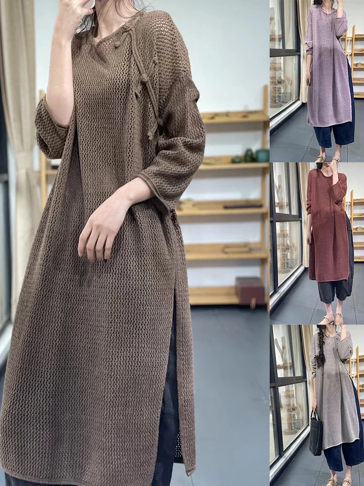 Осенний новый винтажный художественный свободный вязаный свитер-платье миди с разрезом, длинными рукавами и низким круглым вырезом для женщин
Осенний новый винтажный художественный свободный вязаный свитер-платье миди с разрезом, длинными рукавами и низким круглым вырезом для женщин