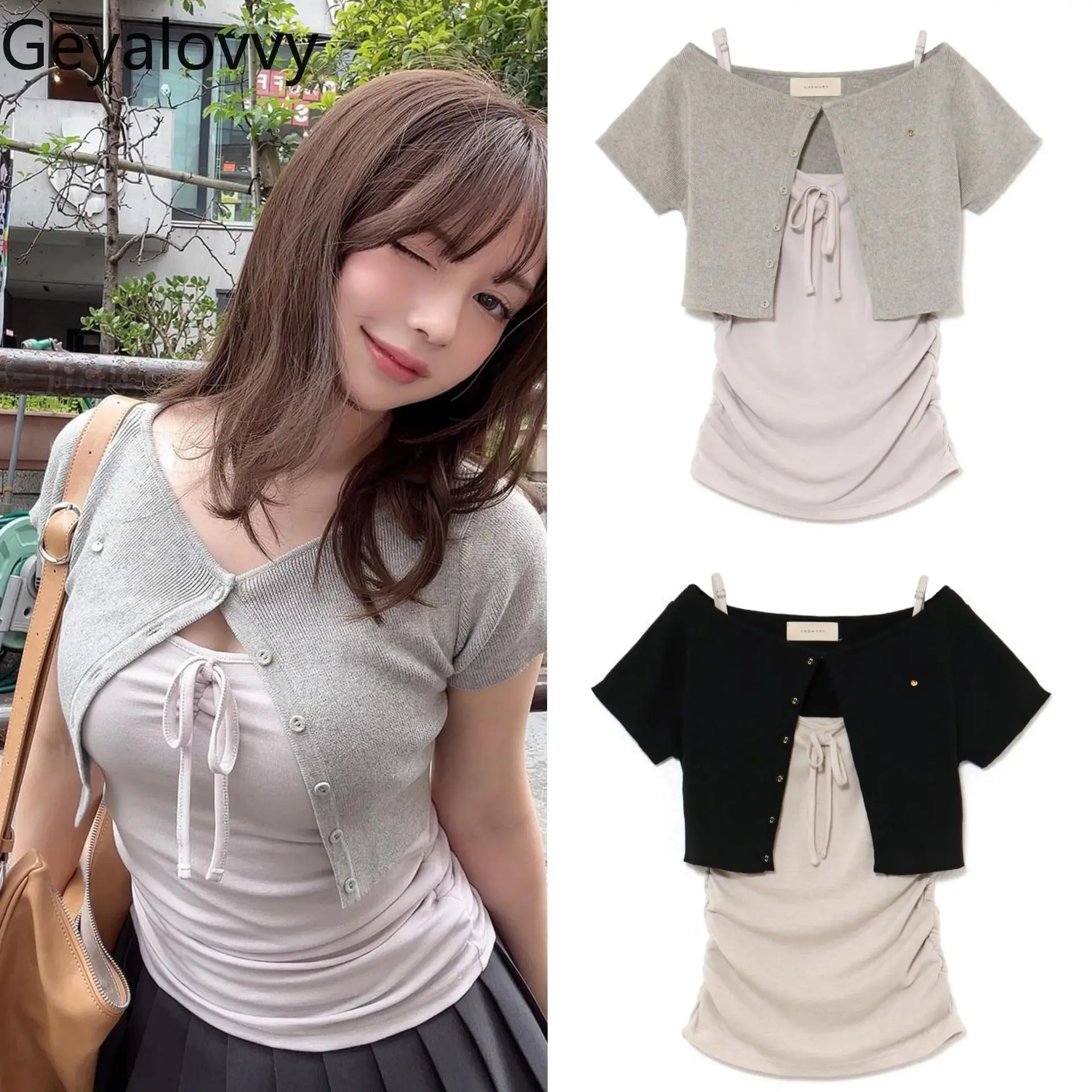 Lady Tops Fashion Short-sleeved T-Shirts Knitted Cardigan with Drawstring Suspenders 2025 New Women's Casual Tees Summer
Lady Tops Fashion Short-sleeved T-Shirts Knitted Cardigan with Drawstring Suspenders 2025 New Women's Casual Tees Summer