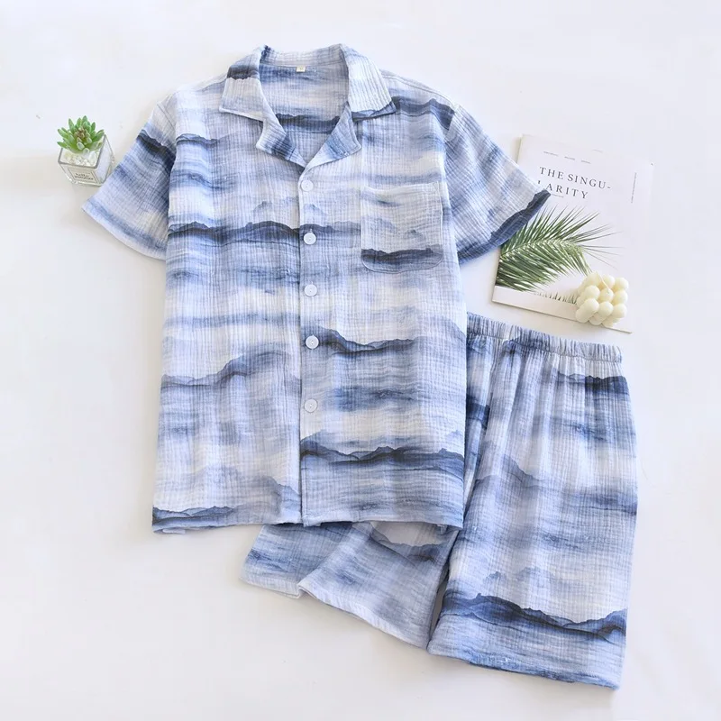 Men's Pure Cotton Gauze Pajamas Short-sleeved Shorts Summer Thin Loungewear Set Turn-down Collar Glacier Print Pijamas
Men's Pure Cotton Gauze Pajamas Short-sleeved Shorts Summer Thin Loungewear Set Turn-down Collar Glacier Print Pijamas