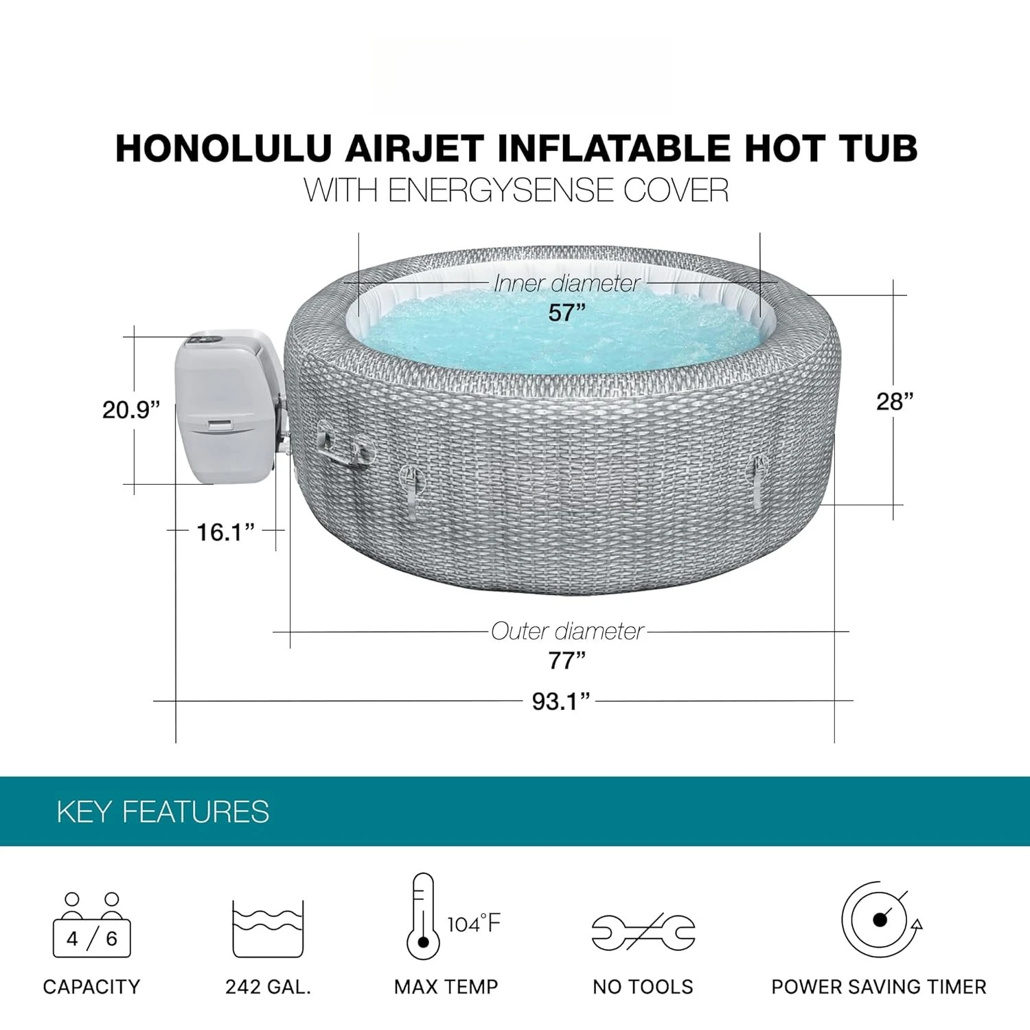 SaluSpa Honolulu 4-6 Person Round Inflatable Hot Tub, 140 Air Jets Energy-Saving Outdoor Spa, Customized
SaluSpa Honolulu 4-6 Person Round Inflatable Hot Tub, 140 Air Jets Energy-Saving Outdoor Spa, Customized