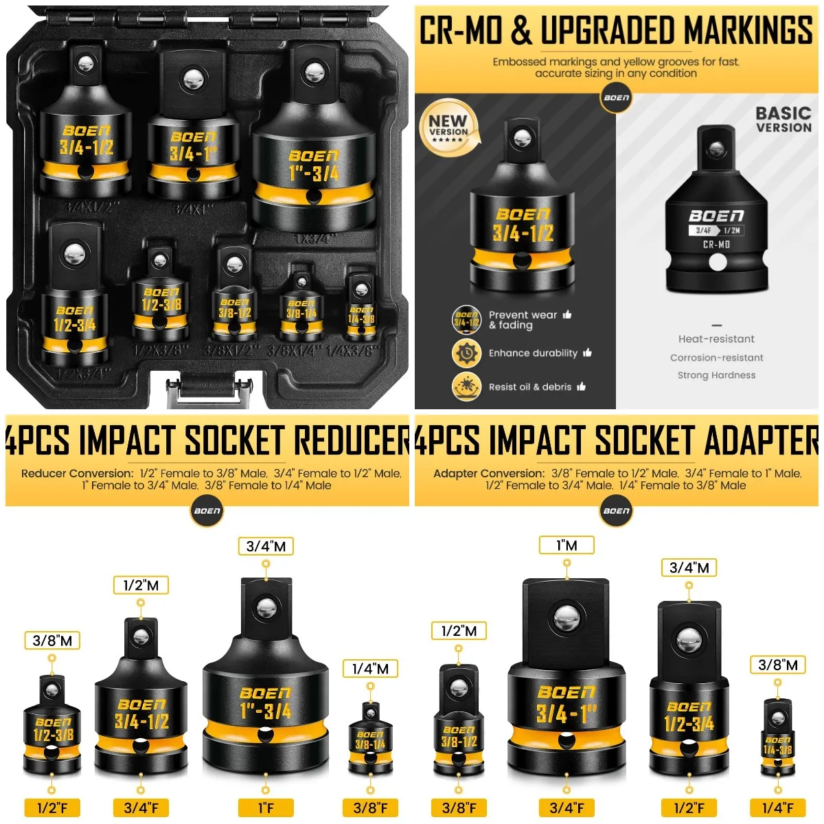 8-Piece Impact Socket Adapter Set, 1/4', 3/8', 1/2', 3/4' Cr-Mo Steel
8-Piece Impact Socket Adapter Set, 1/4', 3/8', 1/2', 3/4' Cr-Mo Steel