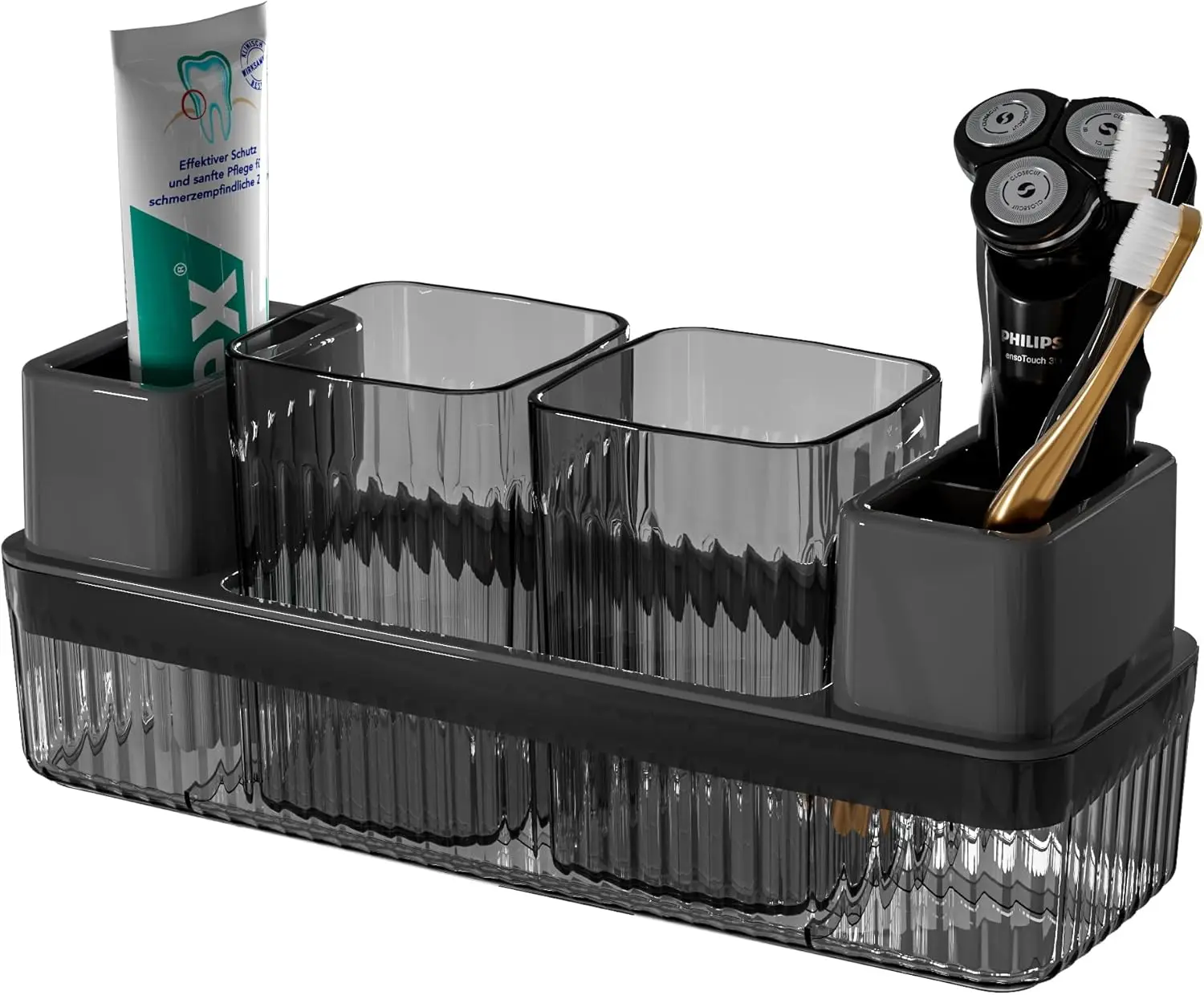 2 Cup Toothbrush Holder Set with Drainage Tray for Bathroom Countertop, Toothbrush Organizer with Toothpaste Caddy, Black
2 Cup Toothbrush Holder Set with Drainage Tray for Bathroom Countertop, Toothbrush Organizer with Toothpaste Caddy, Black