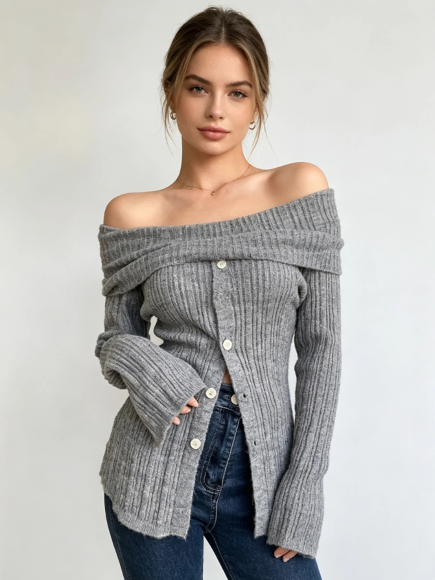 Women's Grey Sweater Y2k Vintage Korean Fashion Pullover Sweater Long Sleeve Off Shoulder Basic Knit Top for Women Spring Autumn
Women's Grey Sweater Y2k Vintage Korean Fashion Pullover Sweater Long Sleeve Off Shoulder Basic Knit Top for Women Spring Autumn
