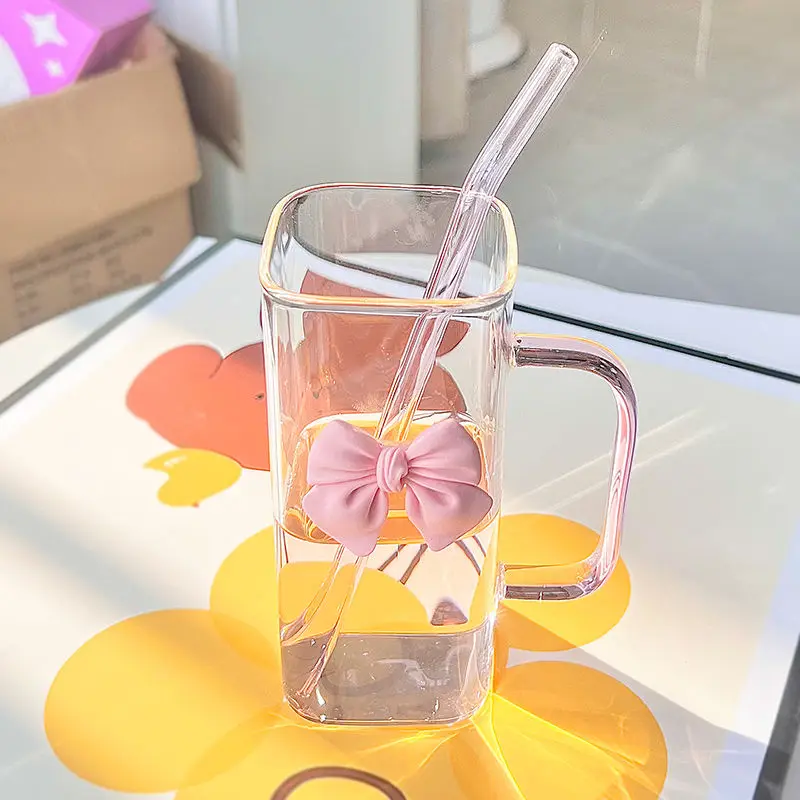 350ML Square Bowknot Glass Cup with Handle Straw Water Cup Women's Gift High Temperature Resistant Flat Colored Household Mug
350ML Square Bowknot Glass Cup with Handle Straw Water Cup Women's Gift High Temperature Resistant Flat Colored Household Mug