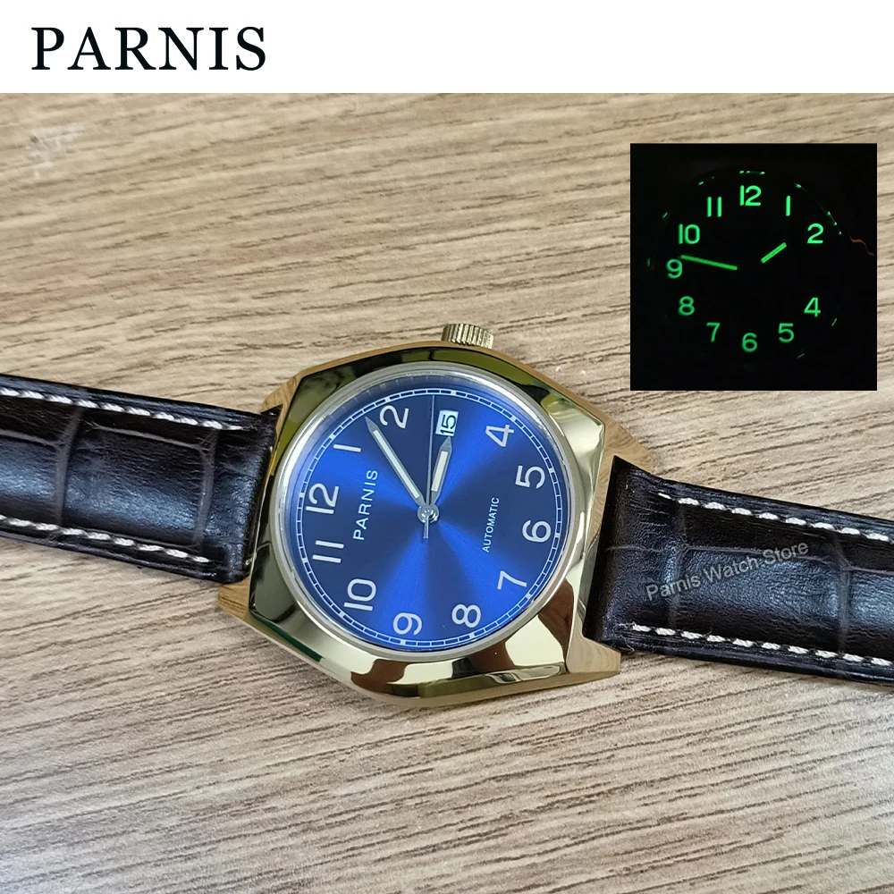 Мужские часы Parnis 40 мм, NH35, автоматические, со светящимися метками, синий циферблат, сапфировое стекло, золотой корпус из нержавеющей стали
Мужские часы Parnis 40 мм, NH35, автоматические, со светящимися метками, синий циферблат, сапфировое стекло, золотой корпус из нержавеющей стали