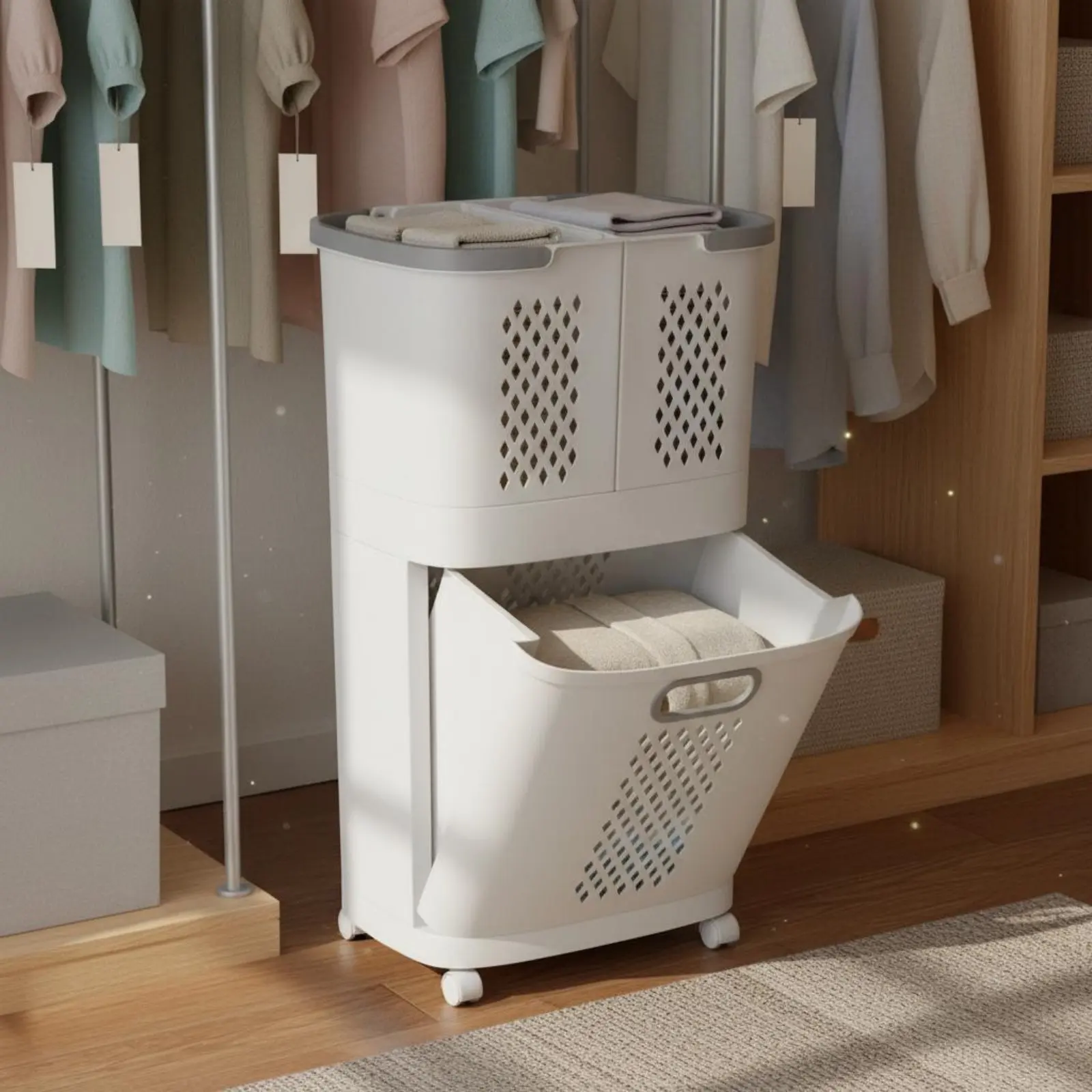 Laundry Sorter Bin Multi Compartment 2 Tier Laundry Hamper Home Storage Easy to Move Portable for Bathroom
Laundry Sorter Bin Multi Compartment 2 Tier Laundry Hamper Home Storage Easy to Move Portable for Bathroom