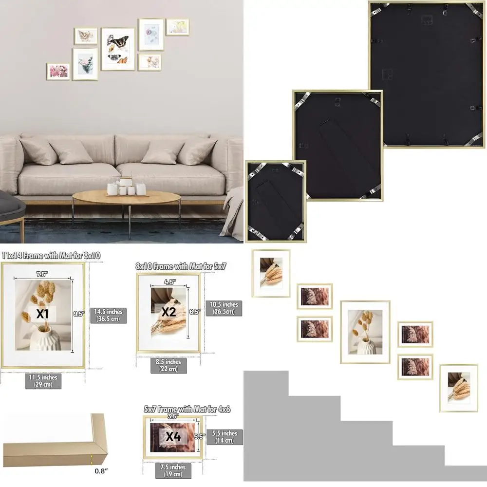 Набор из 7 алюминиевых настенных рамок - 1x11x14, 2x8x10, 4x5x7 с паспарту и стеклом для декора дома/офиса (золотистый стиль)
Набор из 7 алюминиевых настенных рамок - 1x11x14, 2x8x10, 4x5x7 с паспарту и стеклом для декора дома/офиса (золотистый стиль)