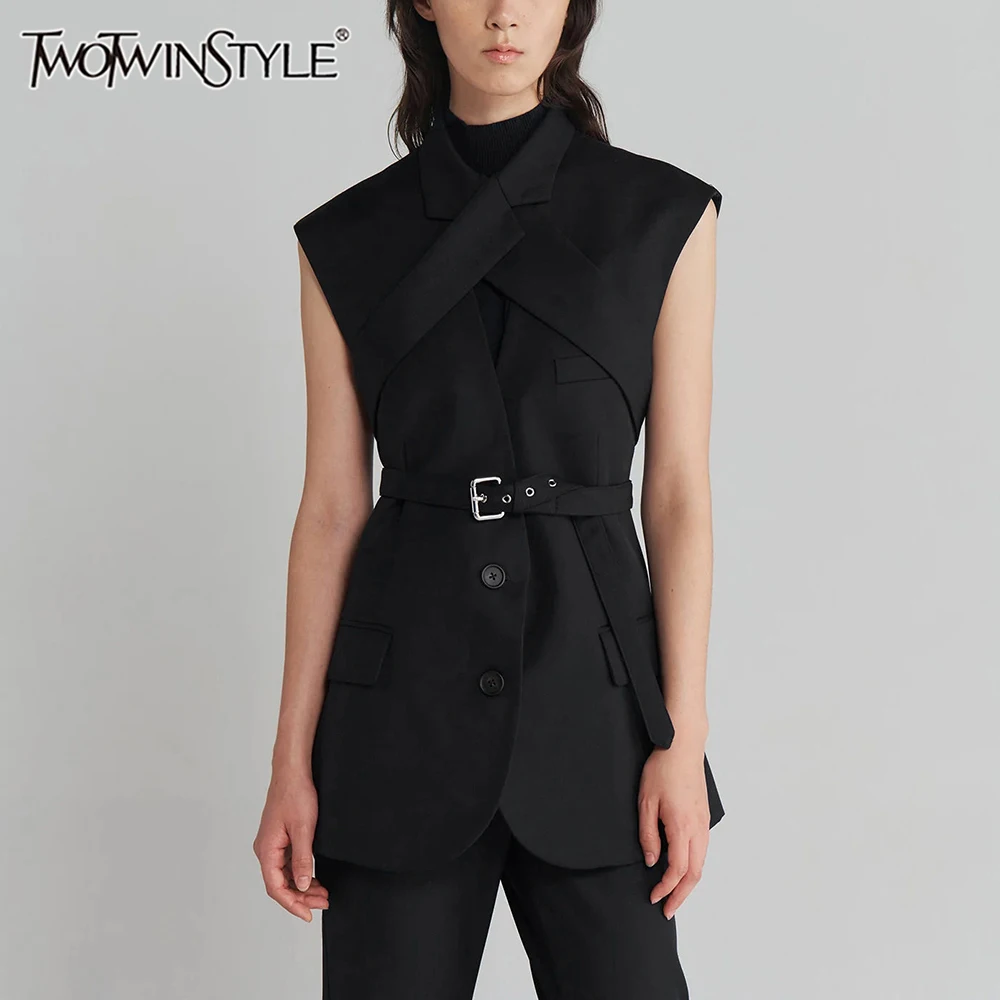 TWOTWINSTYLE Solid Spliced Belts Designer Waistcoats For Women Lapel Sleeveless Tunic Temperament Coat Female Fashion Style New
TWOTWINSTYLE Solid Spliced Belts Designer Waistcoats For Women Lapel Sleeveless Tunic Temperament Coat Female Fashion Style New