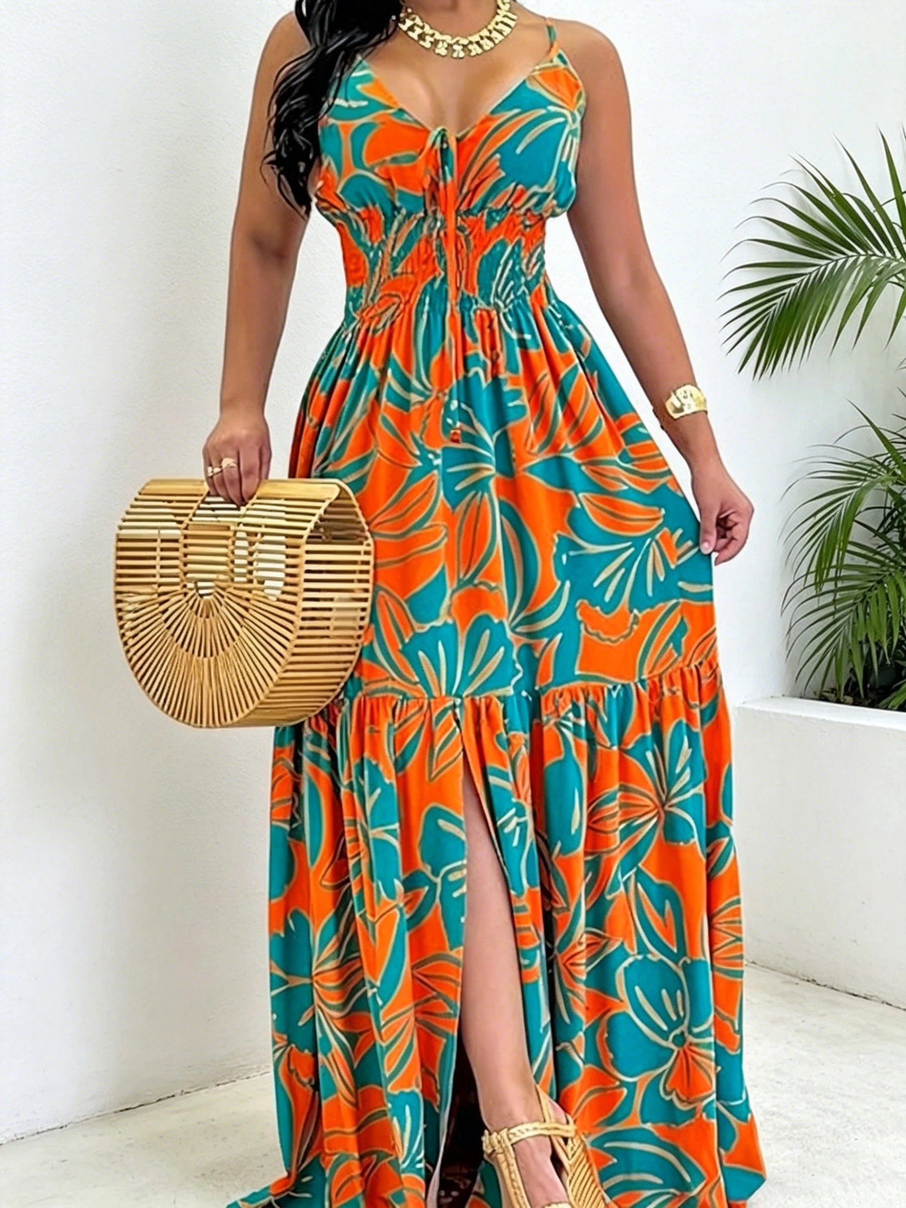 Plus-Size Women's Beach Vacation Printed Spaghetti Strap Long Dress with Waist-Cinching Layered Ruffle Hem and Slit
Plus-Size Women's Beach Vacation Printed Spaghetti Strap Long Dress with Waist-Cinching Layered Ruffle Hem and Slit