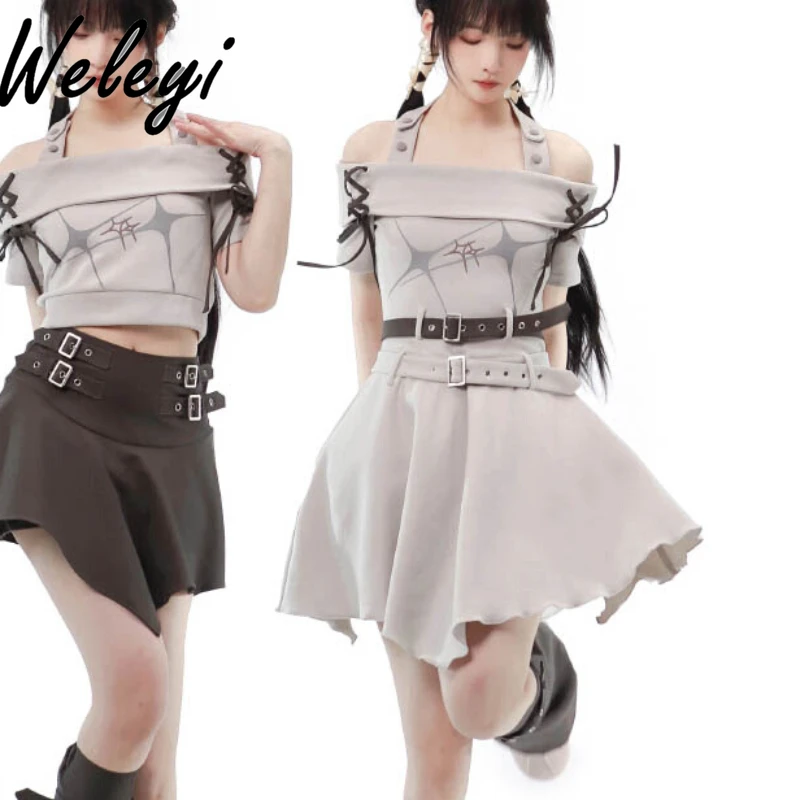 Sweet Cool Girl Bandage Halter Tee Top Student 2024 Autumn New Lolita Adjustable Buckle Belt Irregular Short Skirts for Women
Sweet Cool Girl Bandage Halter Tee Top Student 2024 Autumn New Lolita Adjustable Buckle Belt Irregular Short Skirts for Women