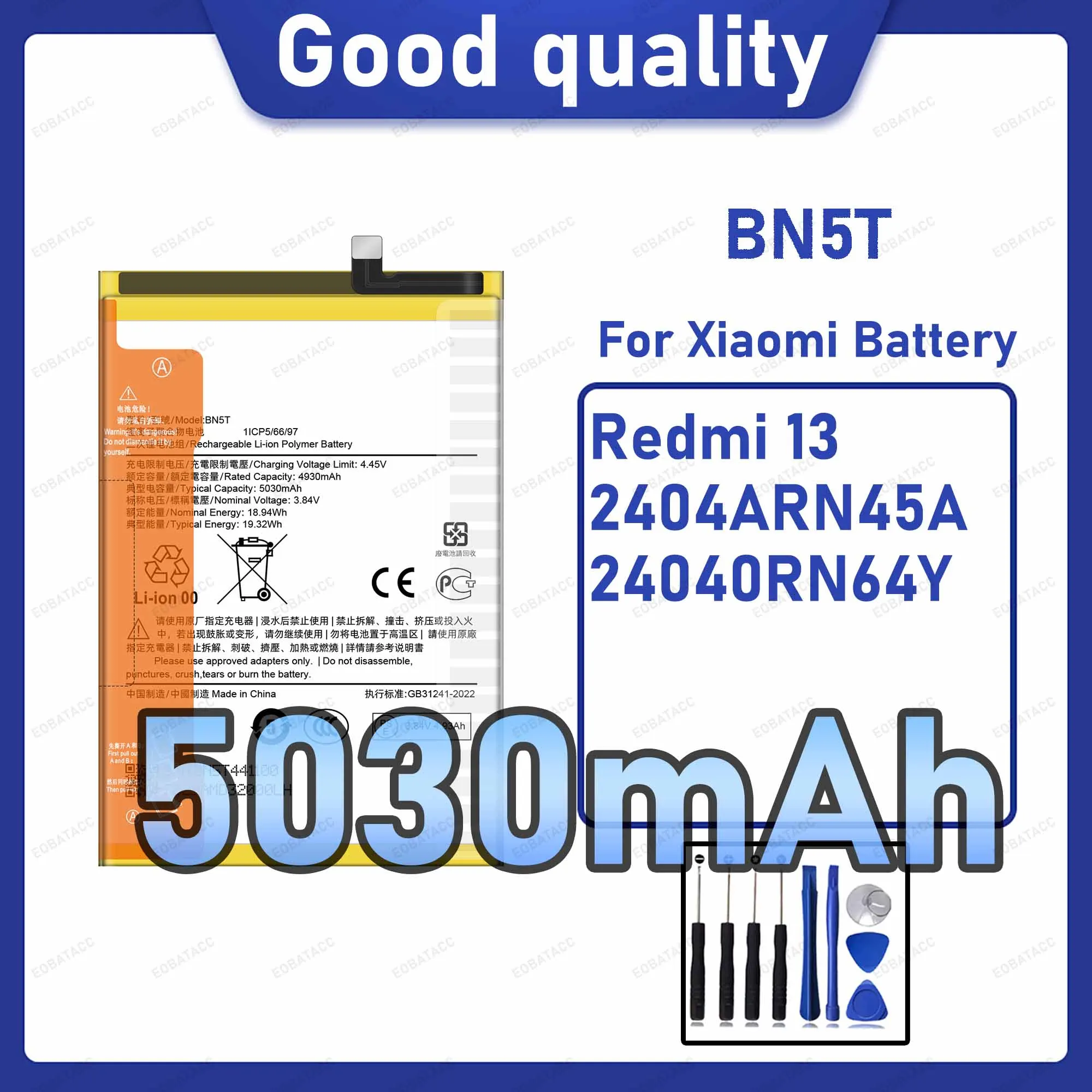 5030mAh BN5T Replacement Battery for Xiaomi Redmi 13/2404ARN45A with Repair Tools Kit
5030mAh BN5T Replacement Battery for Xiaomi Redmi 13/2404ARN45A with Repair Tools Kit