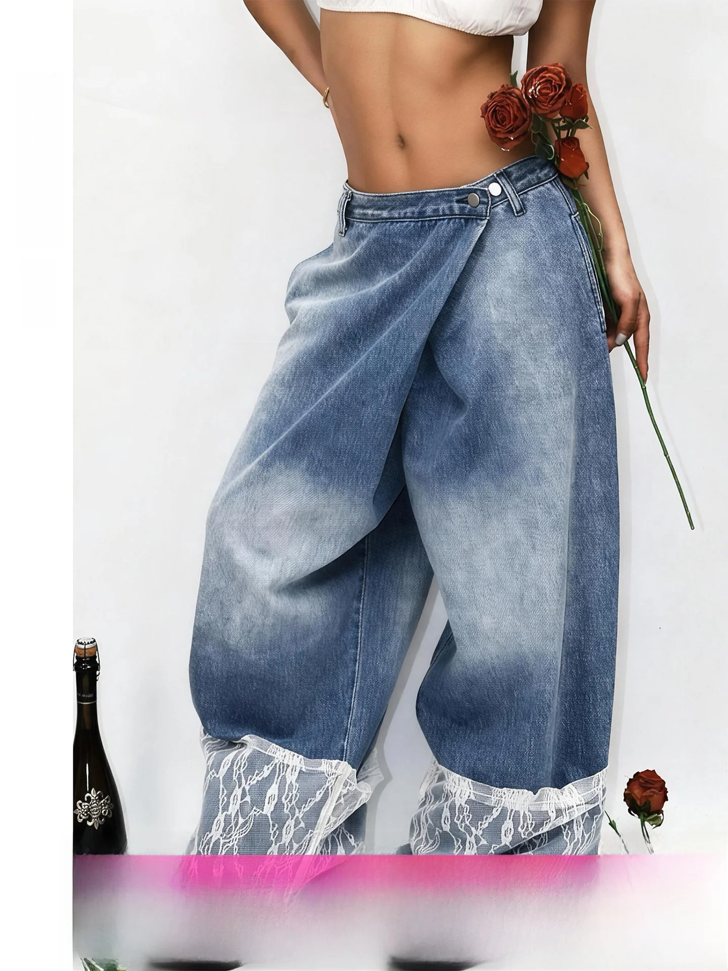 Washed Denim Lace Patchwork Wide Leg Pants Women's Fashion Design Cool Lace Adventure Story by Yo Cool Cotton Spring Season
Washed Denim Lace Patchwork Wide Leg Pants Women's Fashion Design Cool Lace Adventure Story by Yo Cool Cotton Spring Season