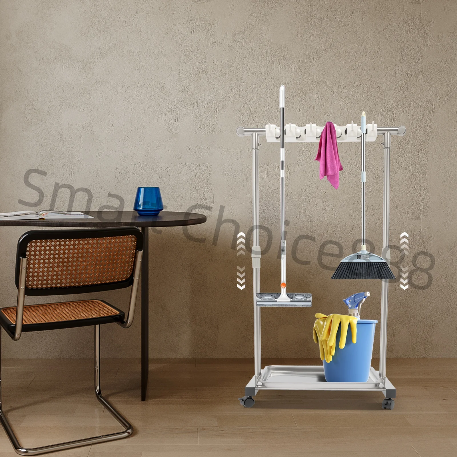 Cleaning Supplies Organizer Broom and Mop Holder Broom Holder with 4-Wheels 6 Hooks 5 Slots Adjustable Height
Cleaning Supplies Organizer Broom and Mop Holder Broom Holder with 4-Wheels 6 Hooks 5 Slots Adjustable Height