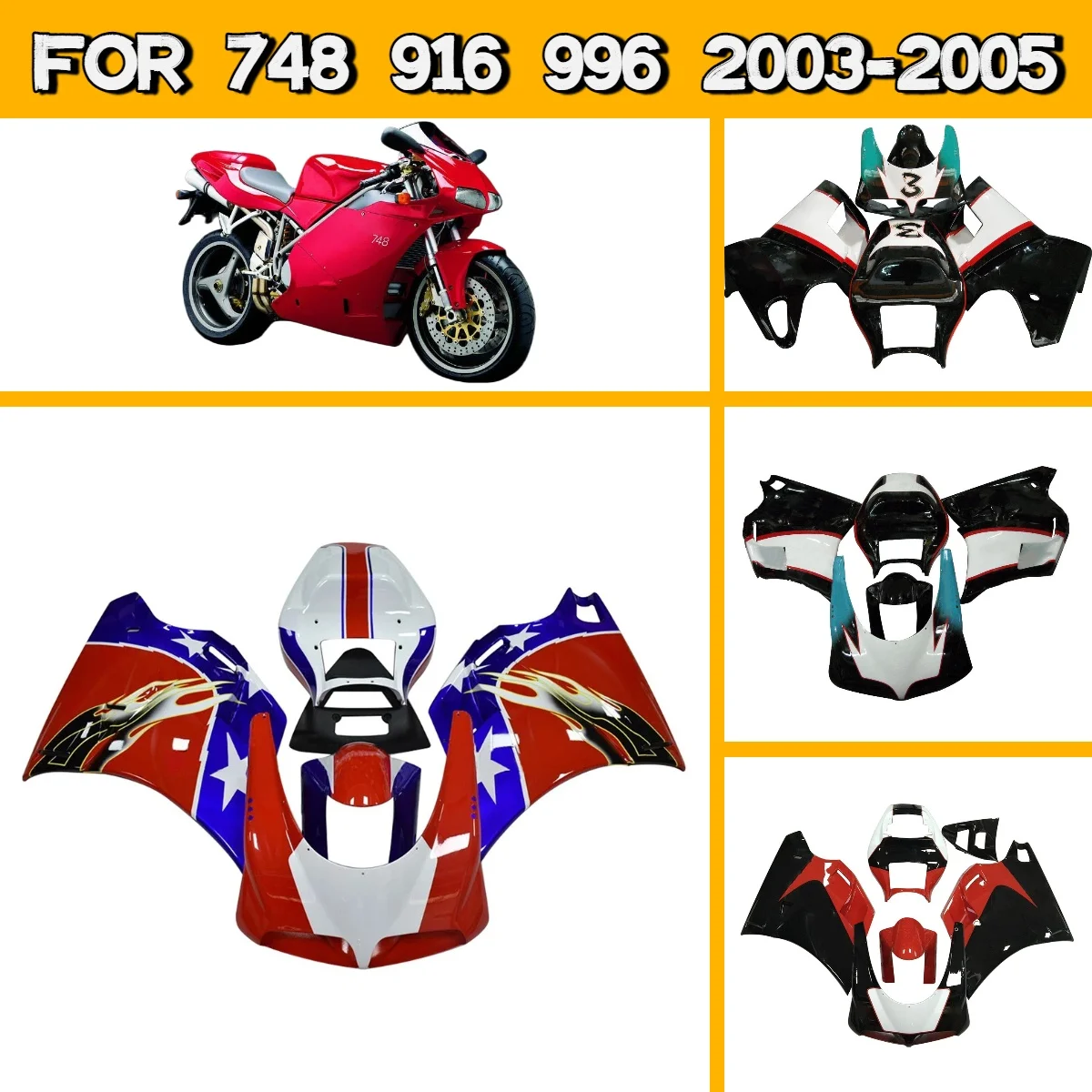 Комплект обтекателей для мотоциклов Ducati 748, 916, 996 (2003-2005 гг.), пластик ABS
Комплект обтекателей для мотоциклов Ducati 748, 916, 996 (2003-2005 гг.), пластик ABS