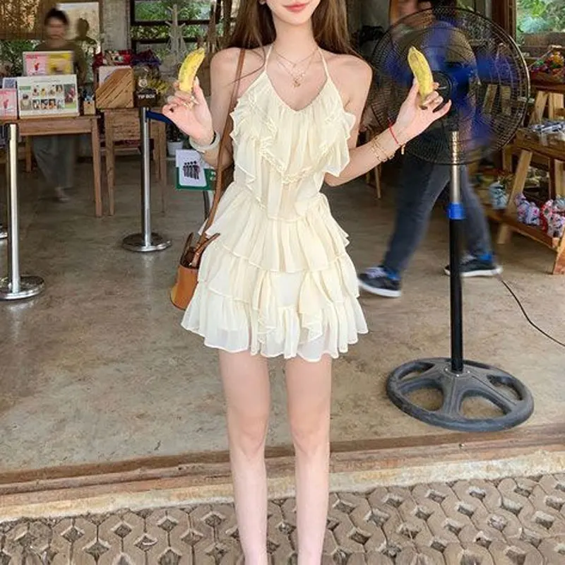 Sweet French Style Ruffles Spliced Slip Dresses Female Clothing Solid Color Summer Halter Sleeveless Fashion Layered Mini Dress
Sweet French Style Ruffles Spliced Slip Dresses Female Clothing Solid Color Summer Halter Sleeveless Fashion Layered Mini Dress
