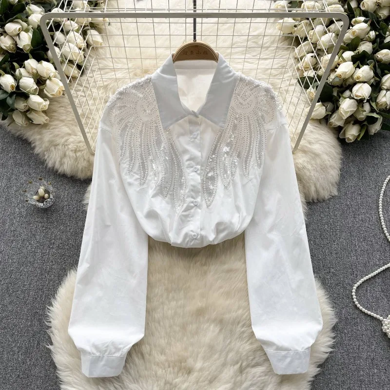 Long-sleeved Blouse Shirt Beaded Sequins Luxury Designer Women Clothing Premium Sense Slim Single-breasted Stand-up Collar
Long-sleeved Blouse Shirt Beaded Sequins Luxury Designer Women Clothing Premium Sense Slim Single-breasted Stand-up Collar