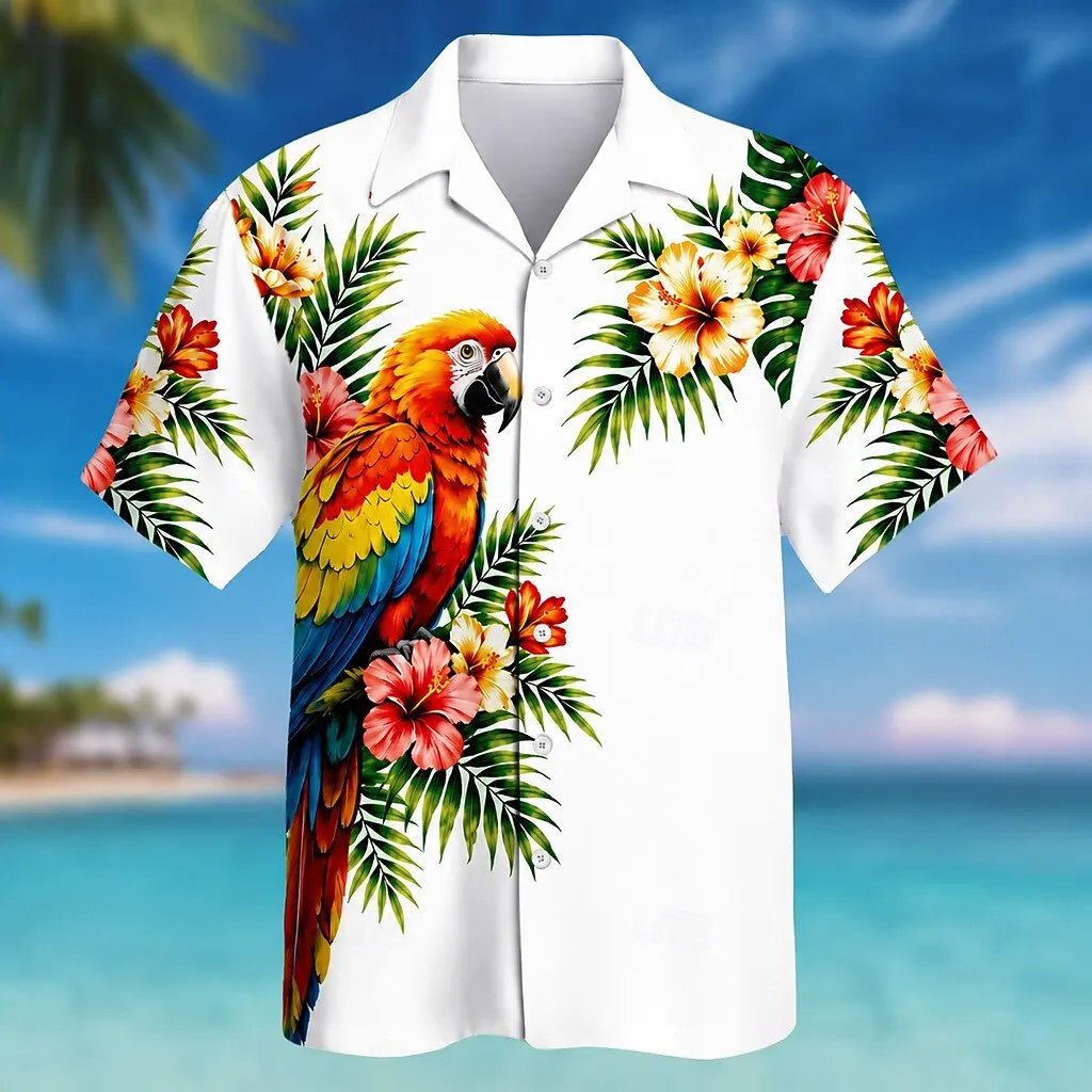 Men's White Tropical Parrot Hibiscus Print Button Down Shirt, Casual Tops For Spring Summer Beachwear & Vacation Occasions
Men's White Tropical Parrot Hibiscus Print Button Down Shirt, Casual Tops For Spring Summer Beachwear & Vacation Occasions
