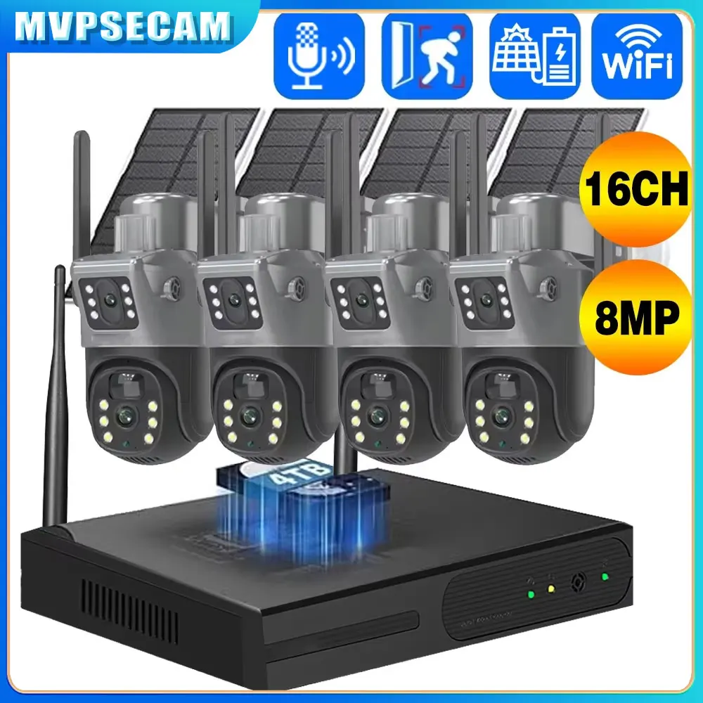 Dual Lens Wireless Solar PTZ Camera System Outdoor 8MP Battery Powered Cameras 16CH WIFI NVR Kit 2.4G WiFi CCTV Surveillance Set
Dual Lens Wireless Solar PTZ Camera System Outdoor 8MP Battery Powered Cameras 16CH WIFI NVR Kit 2.4G WiFi CCTV Surveillance Set