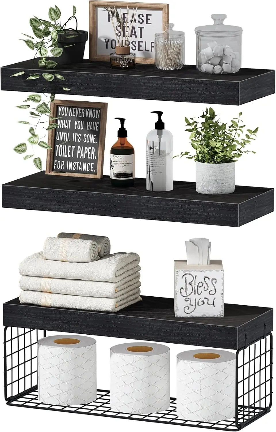 Wall Mounted Bathroom Shelves Over Toilet, 3-Pack Floating Shelf with Basket, Black
Wall Mounted Bathroom Shelves Over Toilet, 3-Pack Floating Shelf with Basket, Black