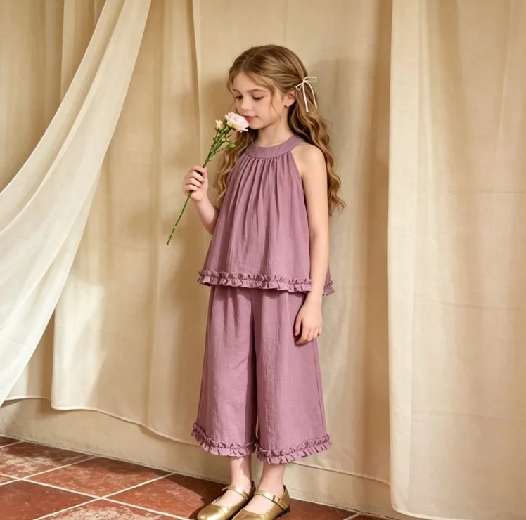 Girls' summer outfit 2026 new children's neck hanging vest, black fungus edge shorts two-piece set, sweet baby summer outfit
Girls' summer outfit 2026 new children's neck hanging vest, black fungus edge shorts two-piece set, sweet baby summer outfit
