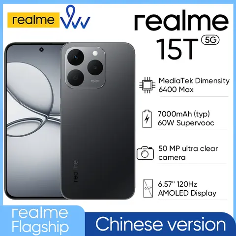 Wersja chińska smartfona Realme 15T, bateria 7000mAh, ładowanie 60W, ekran AMOLED 6,57'' 120Hz, aparat 50MP, IP69