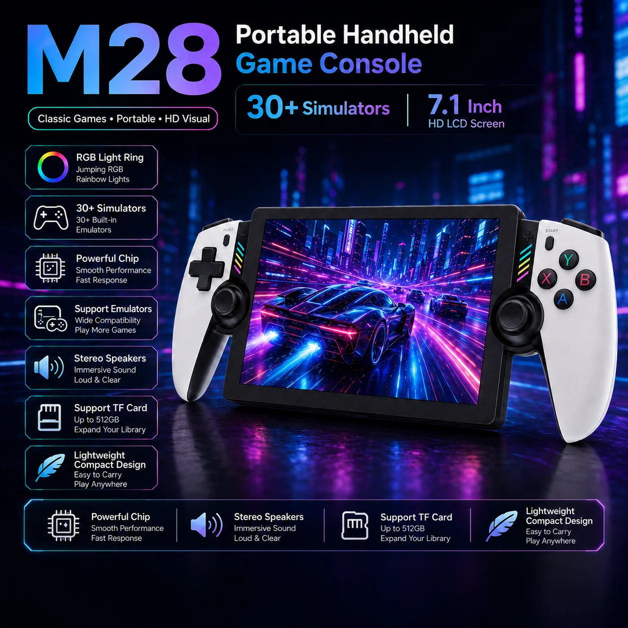 M28 7 Inch IPS HD Display Handheld Game Player 20000 Classic Games Battery Portable Retro Console Gift for Teens
M28 7 Inch IPS HD Display Handheld Game Player 20000 Classic Games Battery Portable Retro Console Gift for Teens