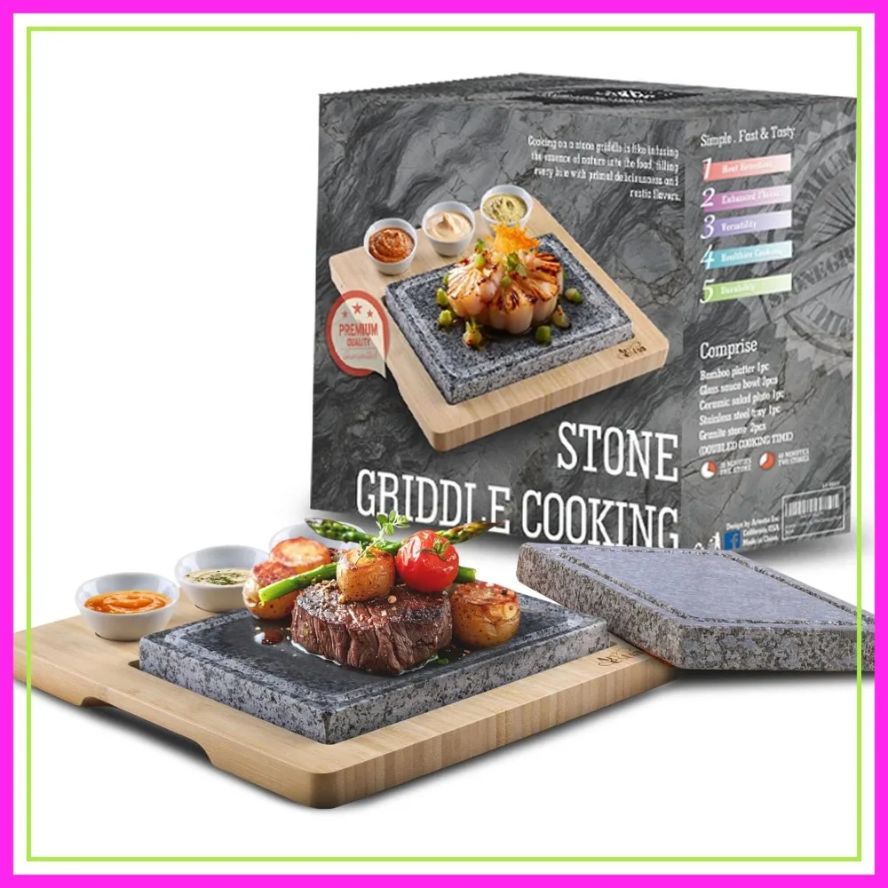 Natural Granite Steak Stones Set - 2 Steak Stones + Bamboo Tray & 3 Bowls for Indoor/Outdoor Cooking
Natural Granite Steak Stones Set - 2 Steak Stones + Bamboo Tray & 3 Bowls for Indoor/Outdoor Cooking