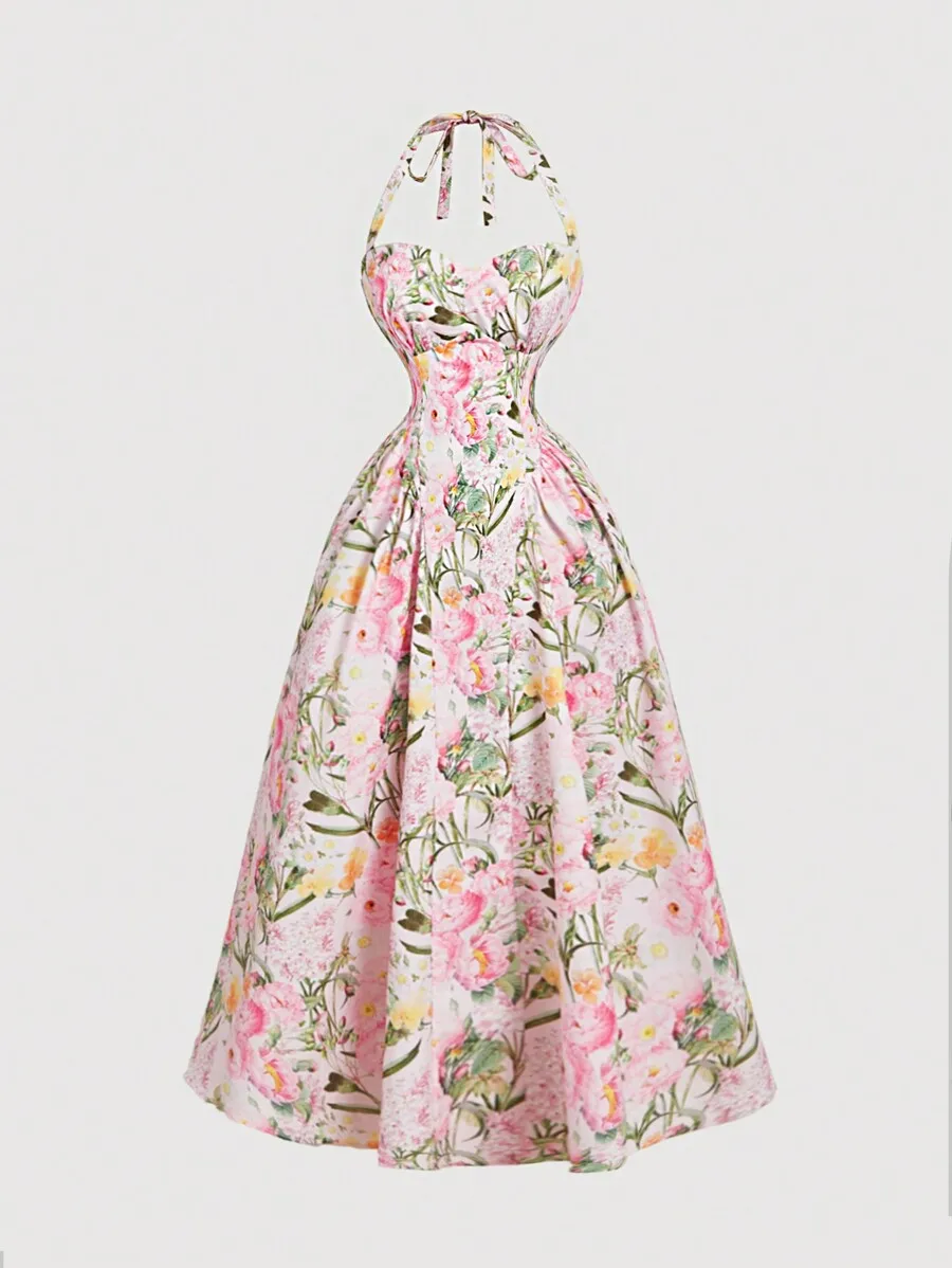 Women's Floral Print Halter Neck Midi Dress with A-Line Skirt
Women's Floral Print Halter Neck Midi Dress with A-Line Skirt