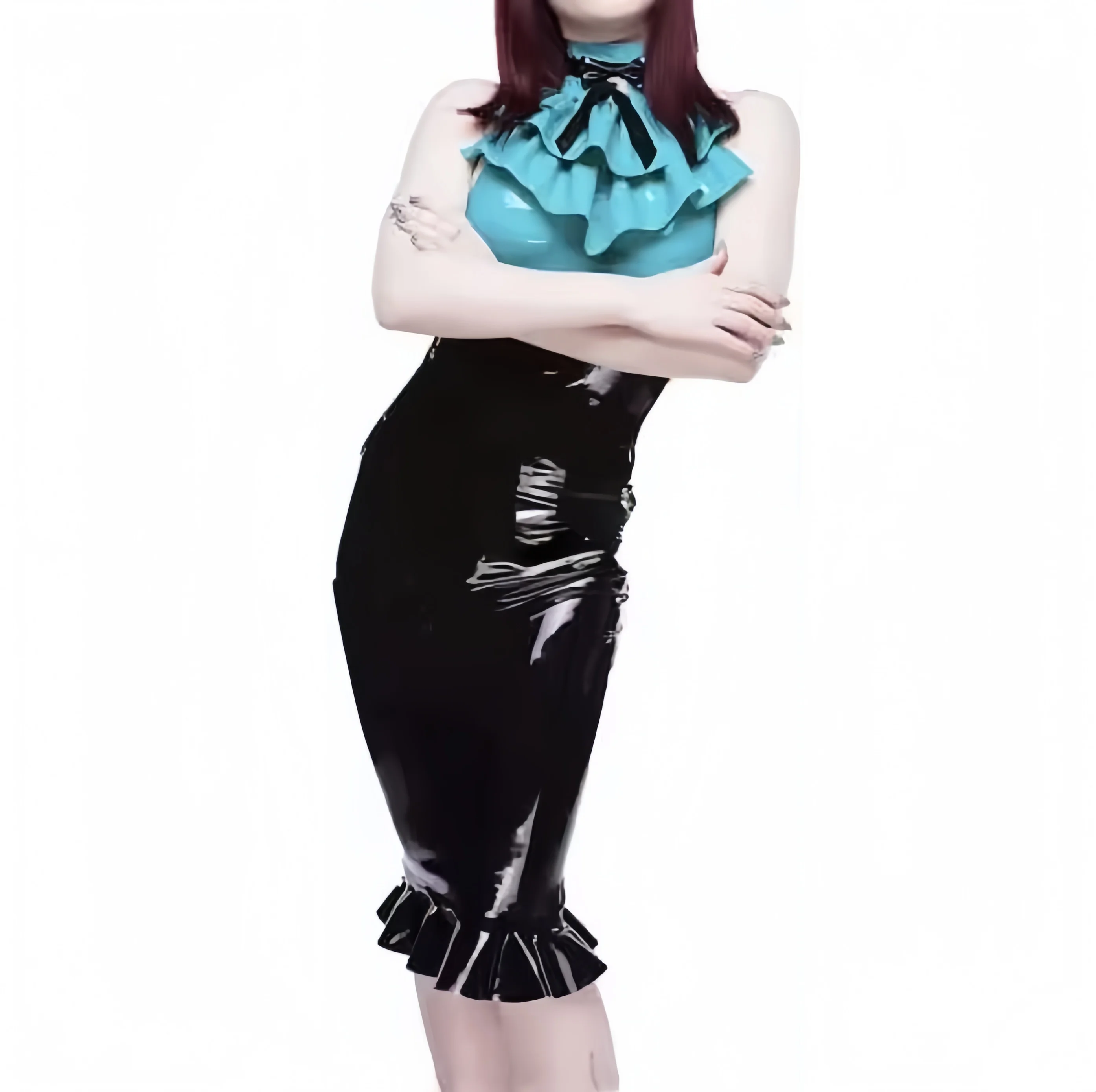Jade Green and Black Halter Latex Dress Front Ruffle and Bows Rubber Dress Playsuit Bodycon
Jade Green and Black Halter Latex Dress Front Ruffle and Bows Rubber Dress Playsuit Bodycon