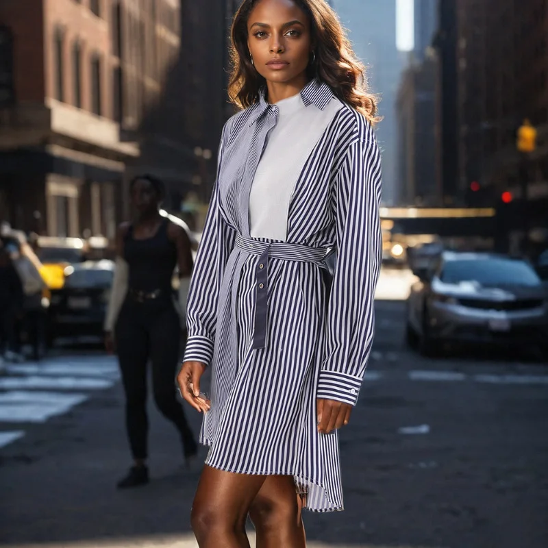 New silhouette asymmetrical lapel blue striped shirt dress for women loose casual long sleeve lace-up skirt
New silhouette asymmetrical lapel blue striped shirt dress for women loose casual long sleeve lace-up skirt