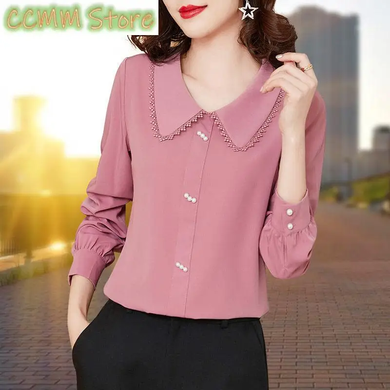 Fashion Commute Peter Pan Collar Blouse Elegant Lace Spliced Spring Solid Color Korean Female Clothing Chic Pearl Beading Shirt
Fashion Commute Peter Pan Collar Blouse Elegant Lace Spliced Spring Solid Color Korean Female Clothing Chic Pearl Beading Shirt