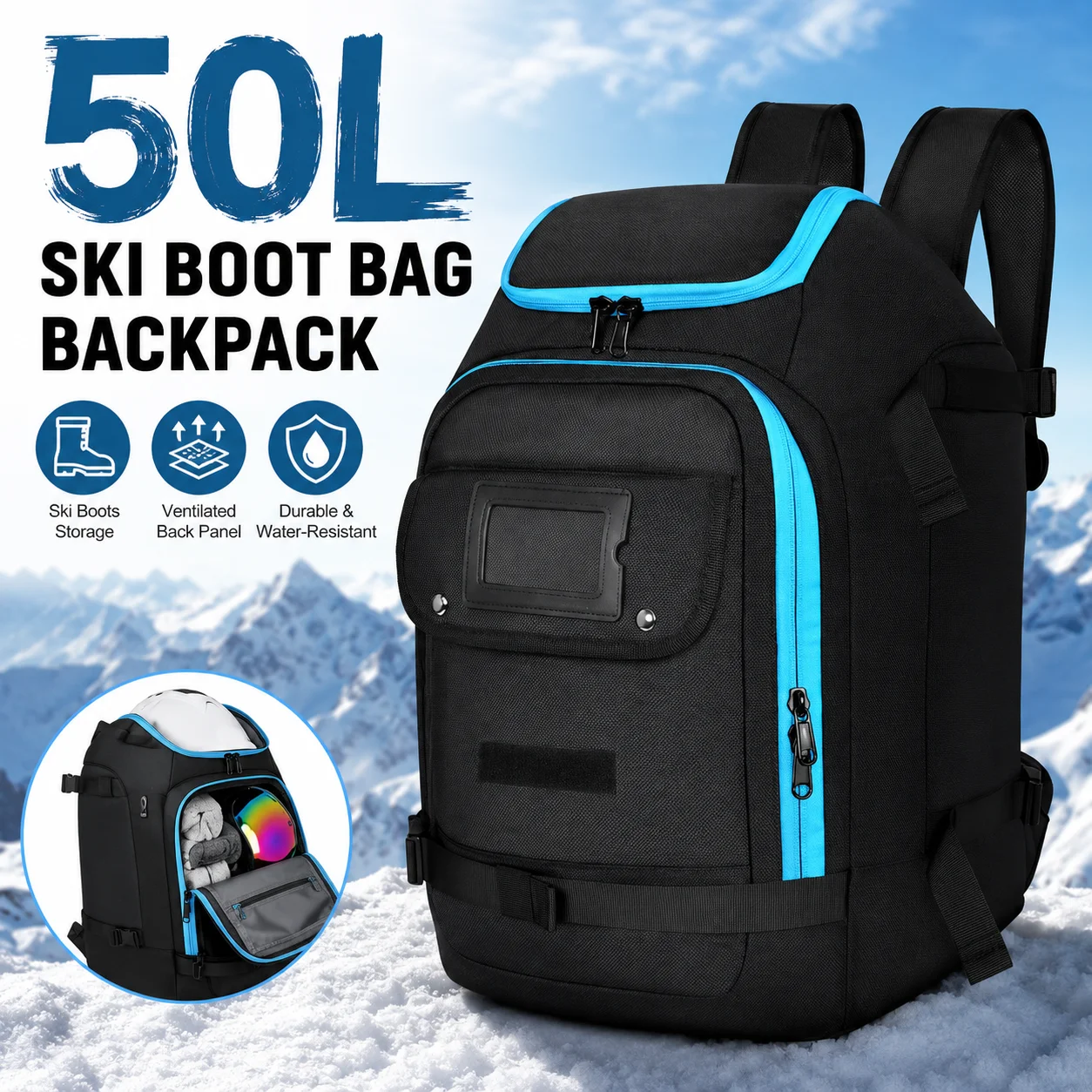 Travel Ski Boot Bag Backpack 50L Large Capacity Waterproof for Snowboard Boots Helmet Goggles Hang Skis Dry Wet Separation
Travel Ski Boot Bag Backpack 50L Large Capacity Waterproof for Snowboard Boots Helmet Goggles Hang Skis Dry Wet Separation