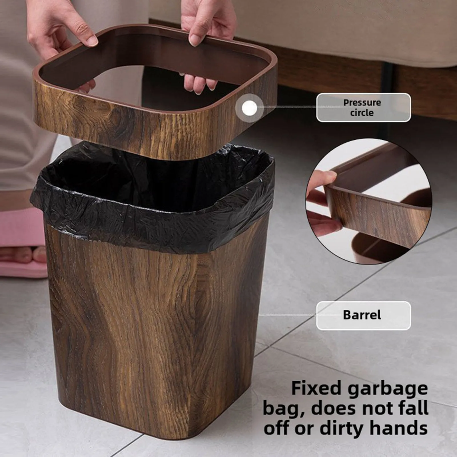 Imitation Wood Grain Trash Can Creative Rubbish Food Waste Container Garbage for Living Room Dorm Room Bathroom Kitchen
Imitation Wood Grain Trash Can Creative Rubbish Food Waste Container Garbage for Living Room Dorm Room Bathroom Kitchen
