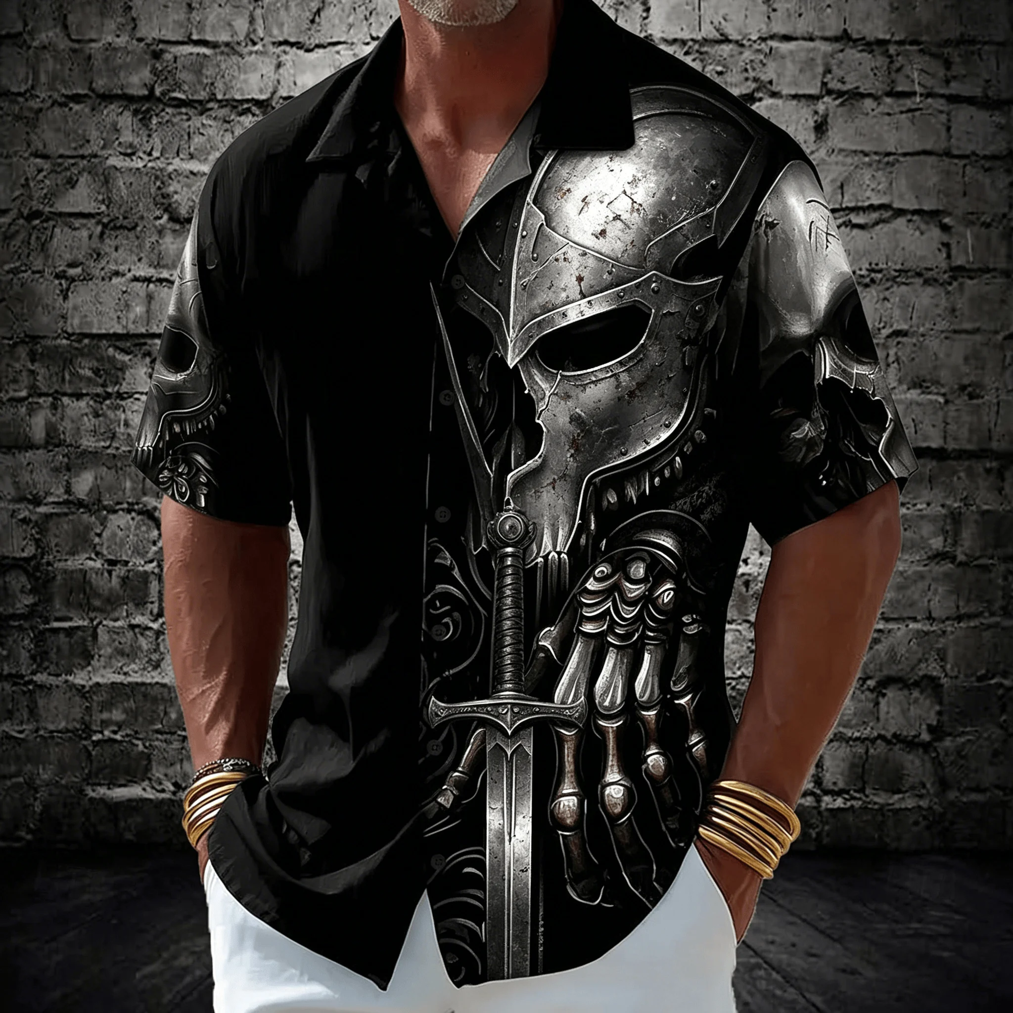Men's Spartan Skull Knight Print Short Sleeve Shirt, Dark Gothic Casual for Spring Summer, Beach Vacation Casual Wear
Men's Spartan Skull Knight Print Short Sleeve Shirt, Dark Gothic Casual for Spring Summer, Beach Vacation Casual Wear