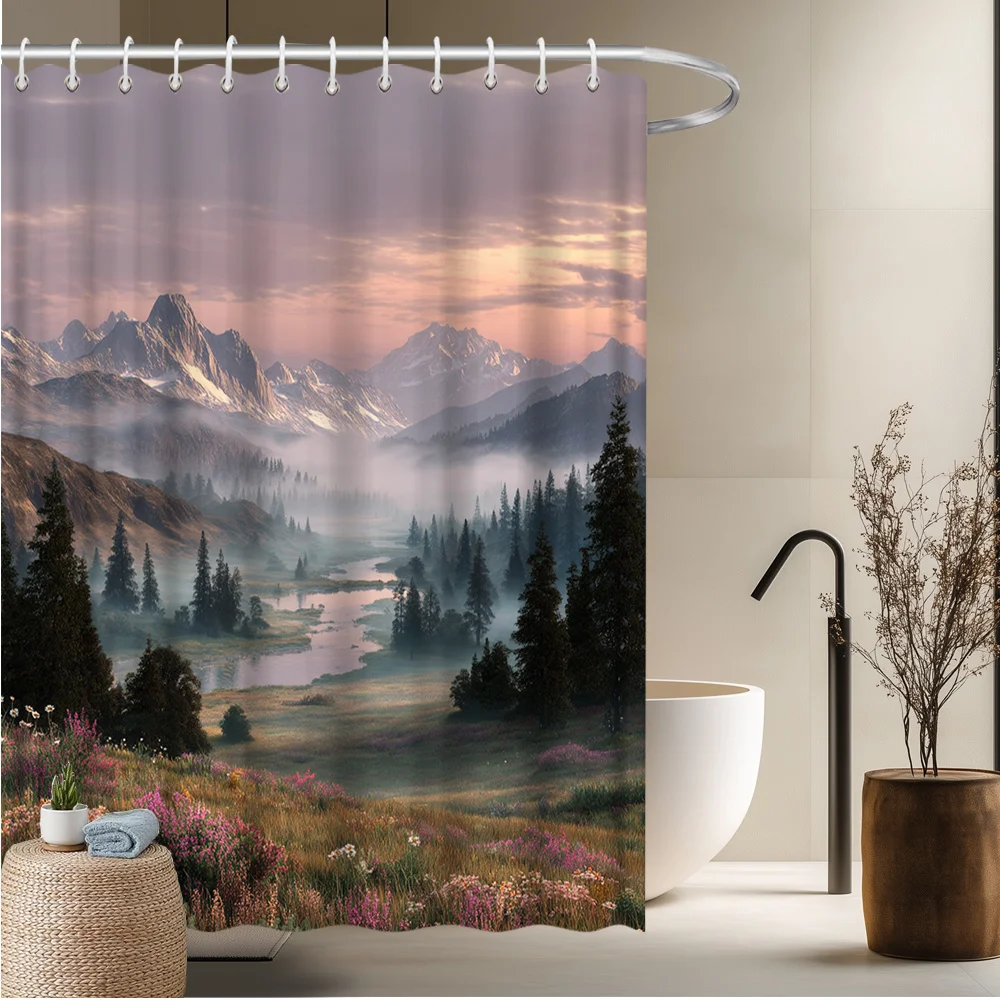 Shower Curtain Mountain Landscape Snow-Capped Peaks Pine Trees Flowering Meadows Misty Valley Polyester 70.8x70.8 Inch
Shower Curtain Mountain Landscape Snow-Capped Peaks Pine Trees Flowering Meadows Misty Valley Polyester 70.8x70.8 Inch