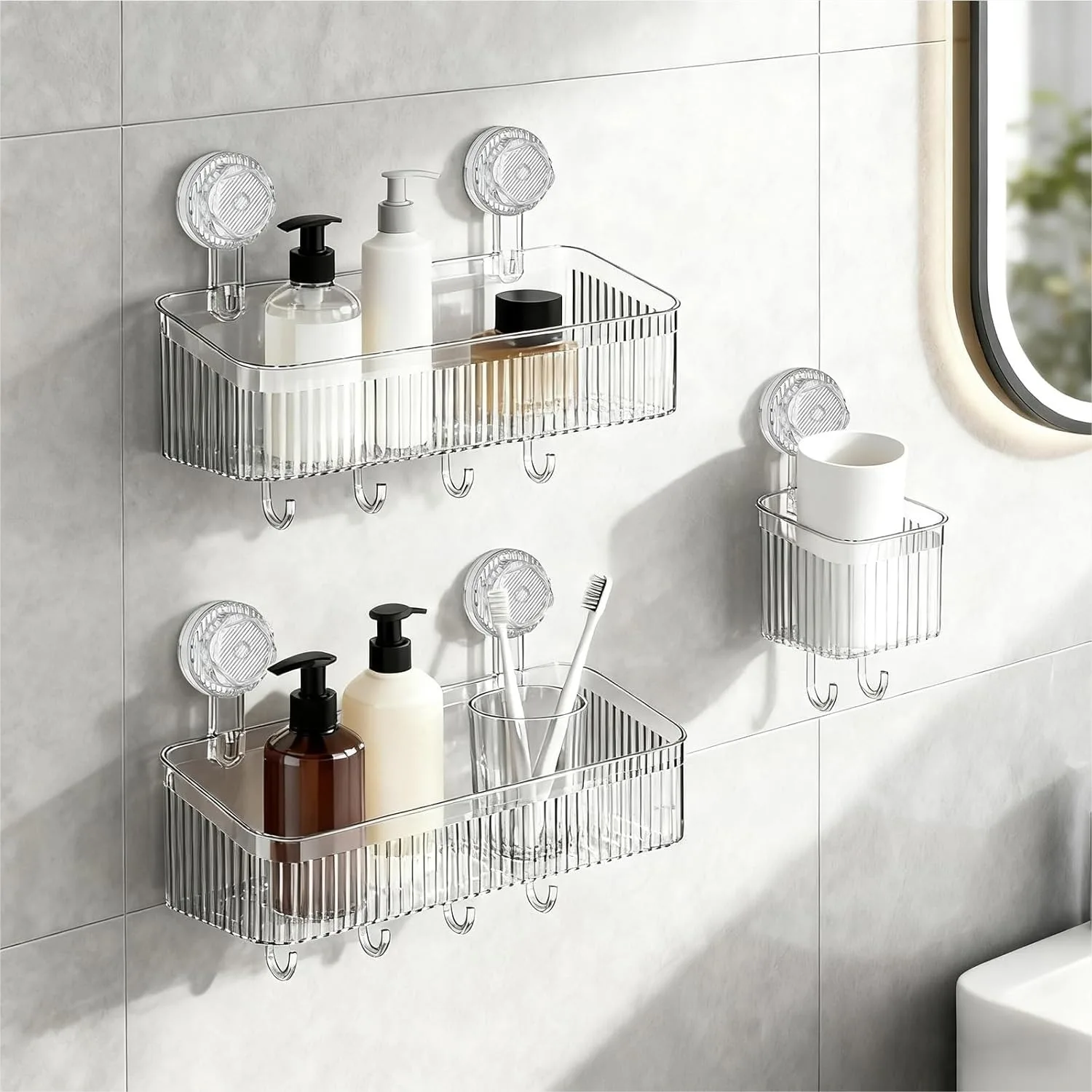3 Pack Suction Cup Shower Caddy with Hooks & Toothbrush Holder, No Drilling Wall Storage Shelves for Bathroom Kitchen
3 Pack Suction Cup Shower Caddy with Hooks & Toothbrush Holder, No Drilling Wall Storage Shelves for Bathroom Kitchen