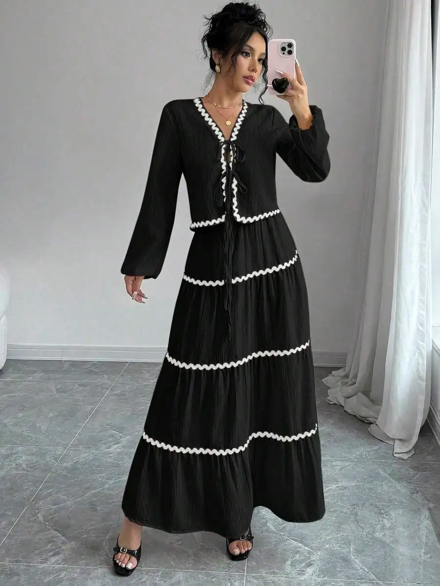Elegant French Style Lantern Sleeve Ruffled Bowknot Maxi Dress Set For Women
Elegant French Style Lantern Sleeve Ruffled Bowknot Maxi Dress Set For Women