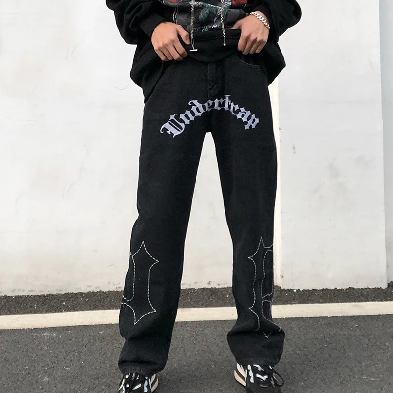 Harajuku Casual Jeans Men Retro Letter Embroidery Pattern Washed Ripped Denim Pants Straight Baggy Trousers Black Streetwear New
Harajuku Casual Jeans Men Retro Letter Embroidery Pattern Washed Ripped Denim Pants Straight Baggy Trousers Black Streetwear New