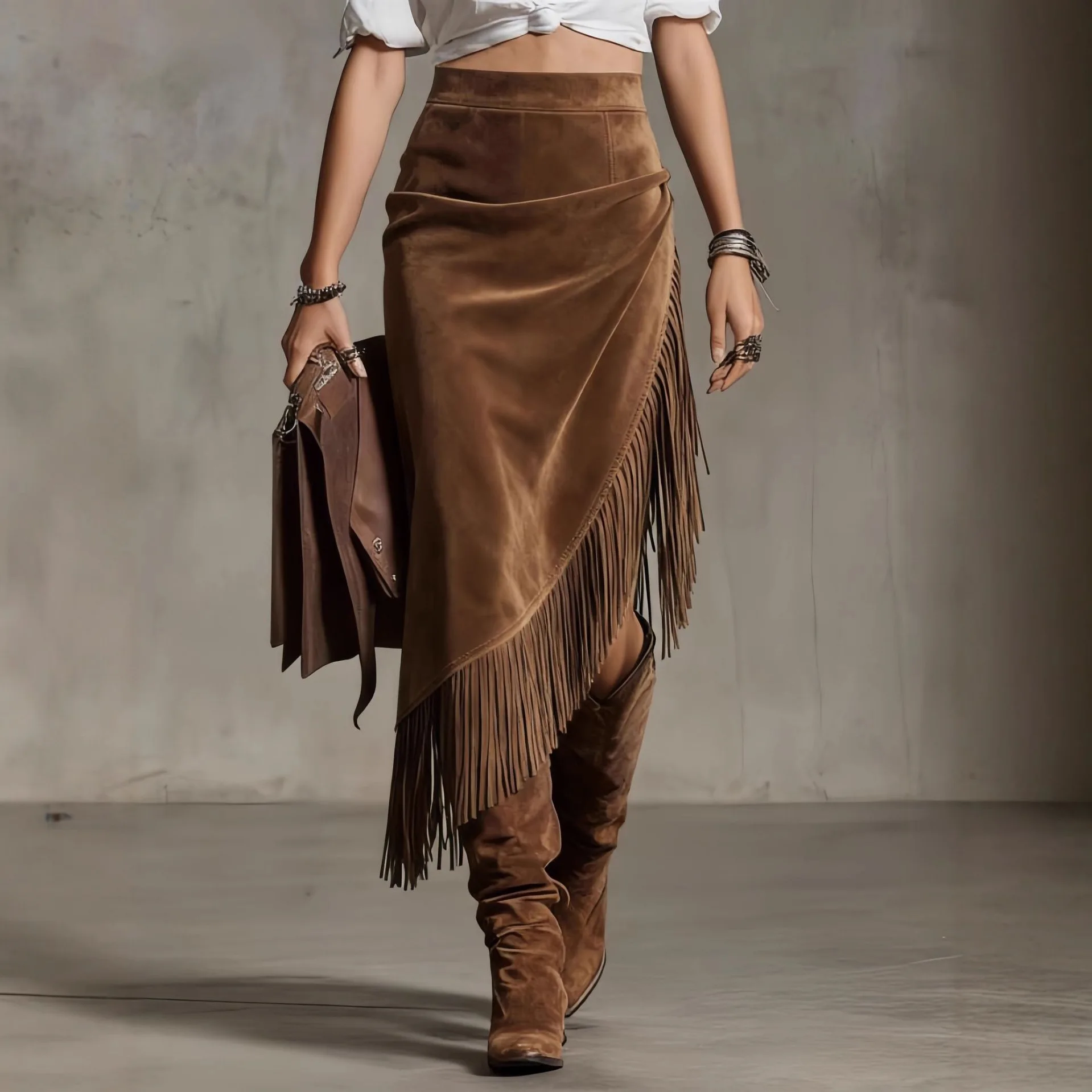 Elegant Fringe Suede Midi Skirt Women Sexy Asymmetric Wrap Skirt Vintage High Waist Velvet Bodycon Brown Skirts Boho Jupe 2026
Elegant Fringe Suede Midi Skirt Women Sexy Asymmetric Wrap Skirt Vintage High Waist Velvet Bodycon Brown Skirts Boho Jupe 2026