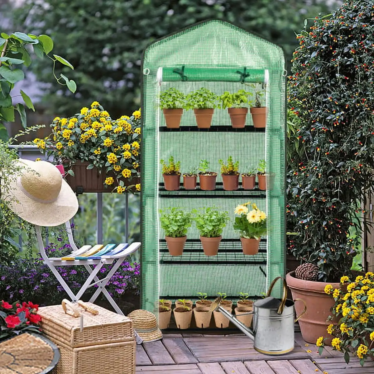 4-Tier Mini Greenhouse Flower Stand with PE Cloth Cover – 69x49x160cm Black Iron Pipe Frame,16 Stability Clips
4-Tier Mini Greenhouse Flower Stand with PE Cloth Cover – 69x49x160cm Black Iron Pipe Frame,16 Stability Clips