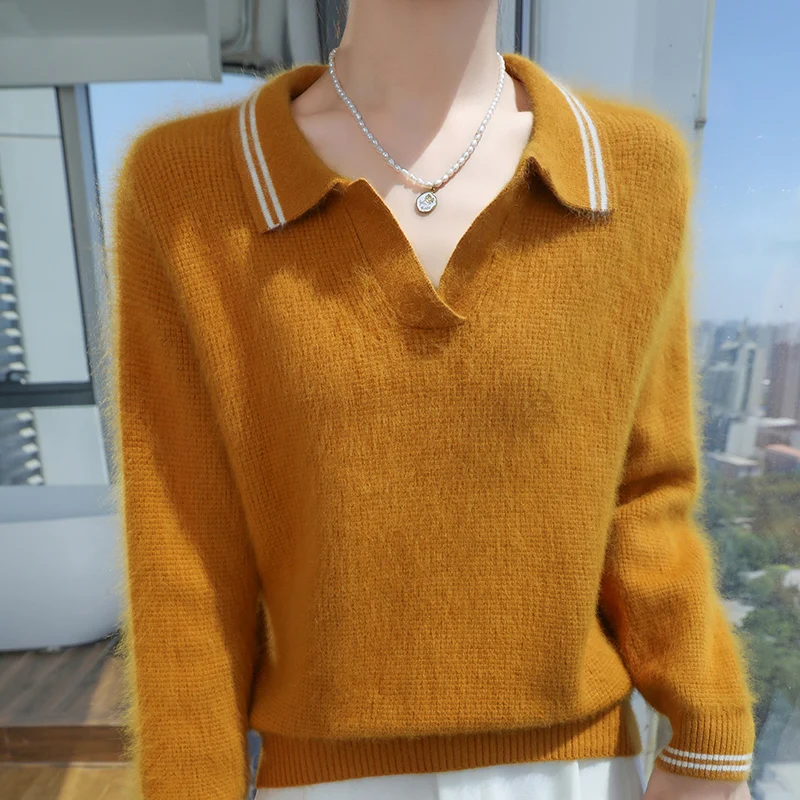 POLO Collar 100% Pure Mink Cashmere Sweater Ladies Lapel Knitted Pullover Fashion Color Match Thicken Tops Warm Loose Base Shirt
POLO Collar 100% Pure Mink Cashmere Sweater Ladies Lapel Knitted Pullover Fashion Color Match Thicken Tops Warm Loose Base Shirt